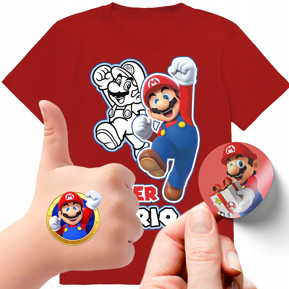 ZESTAW 3W1 KOSZULKA DLA DZIECI TATUAŻE NAKLEJKI SUPER MARIO BROS 152 JAKOŚĆ