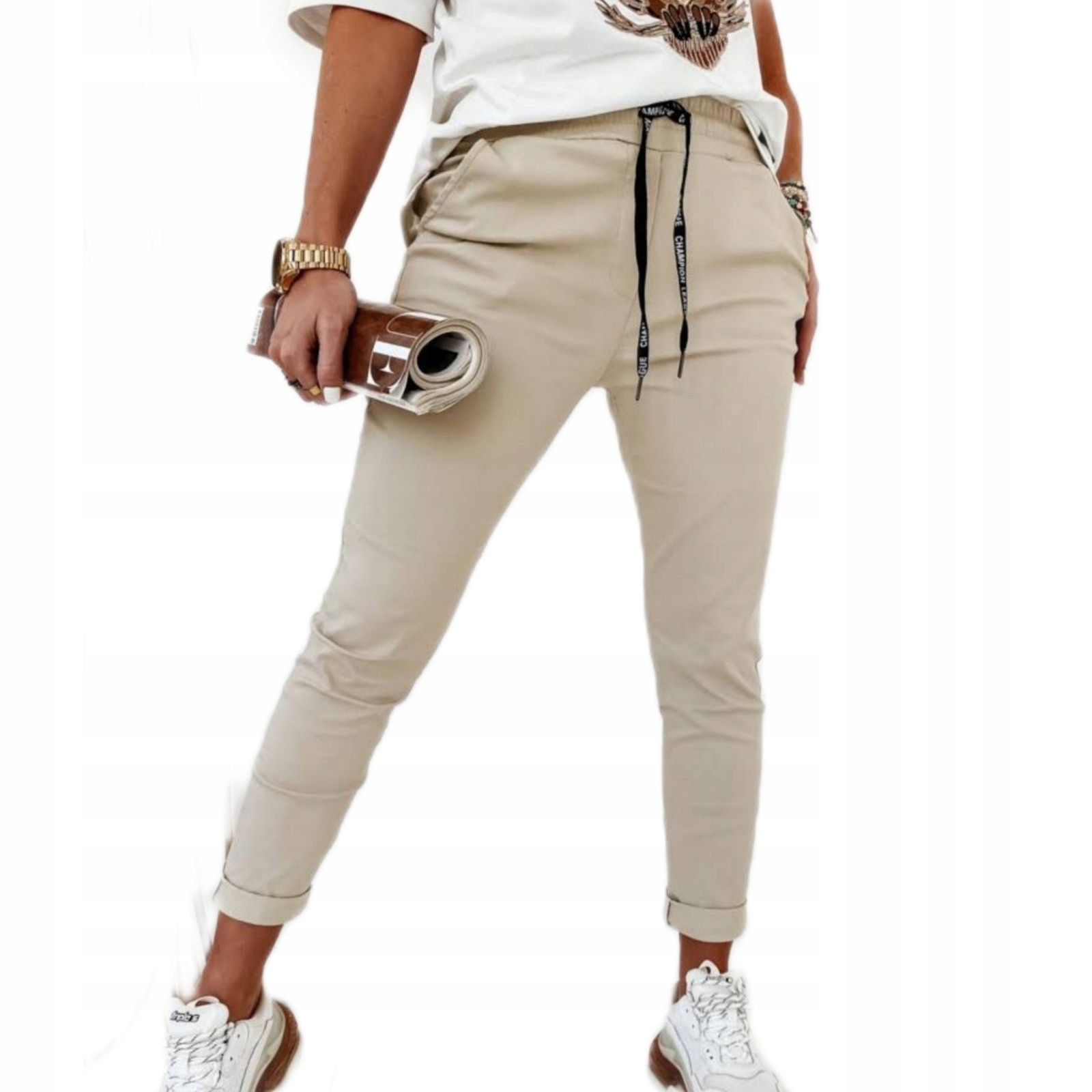 

Włoskie Elastyczne Spodnie Damskie Cygaretki Gumka