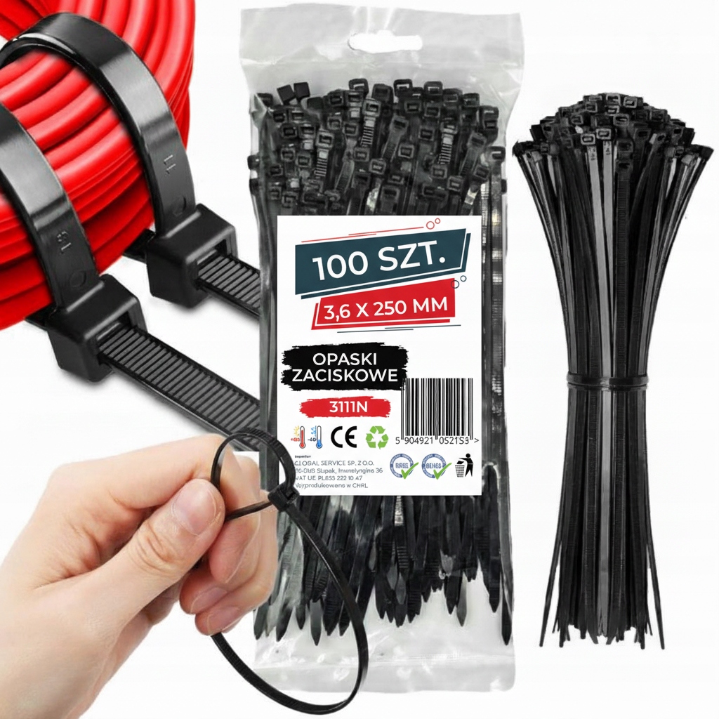 Opaski Zaciskowe 3,6x250mm 100 Szt Czarne Trytytki Kablowe, Mocne Trytki
