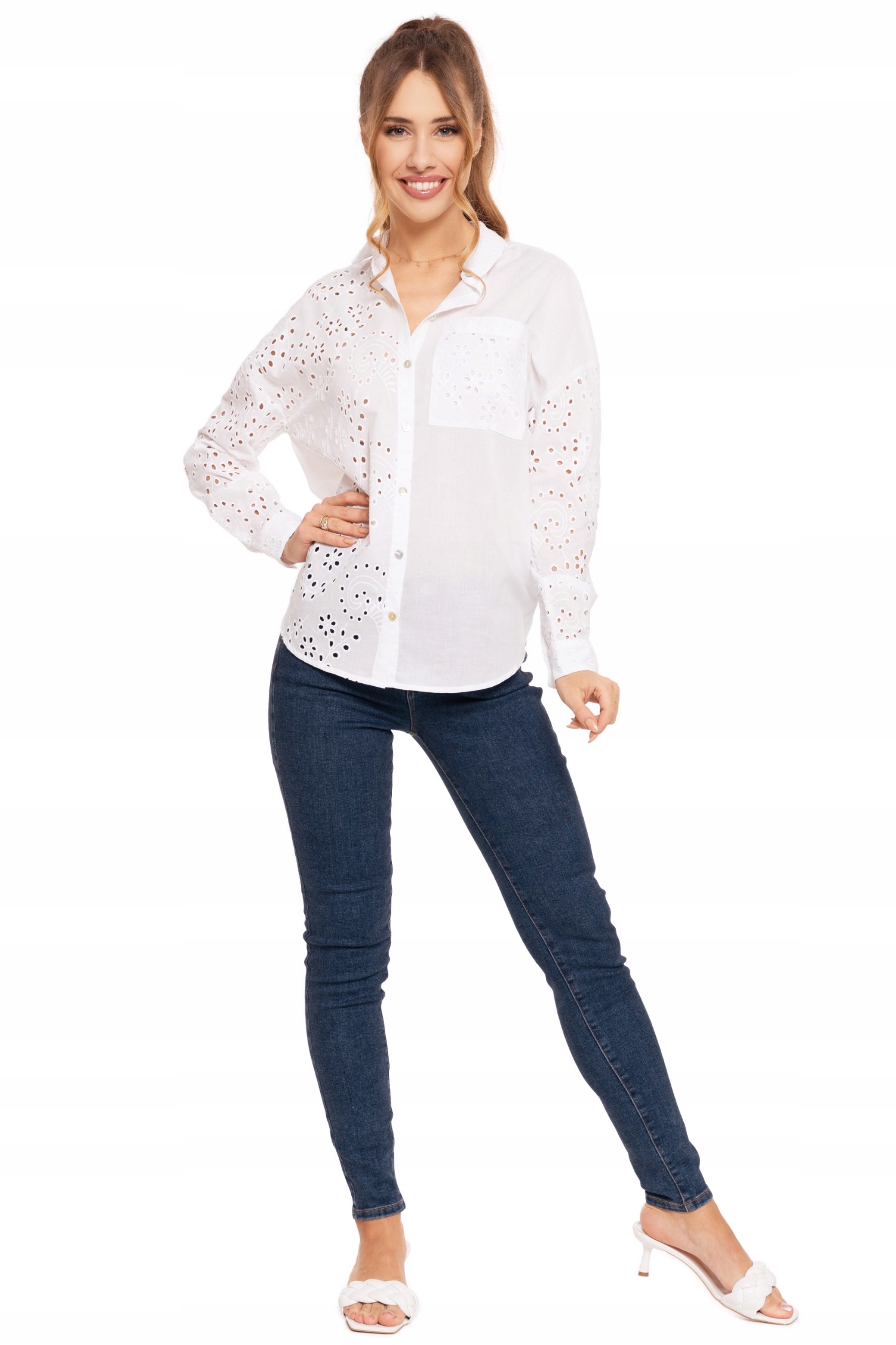 ELEGANCKA BIAŁA KOSZULA DAMSKA BAWEŁNIANA AŻUROWA LUŹNA BOHO MORAJ R.XXL Wzór dominujący bez wzoru