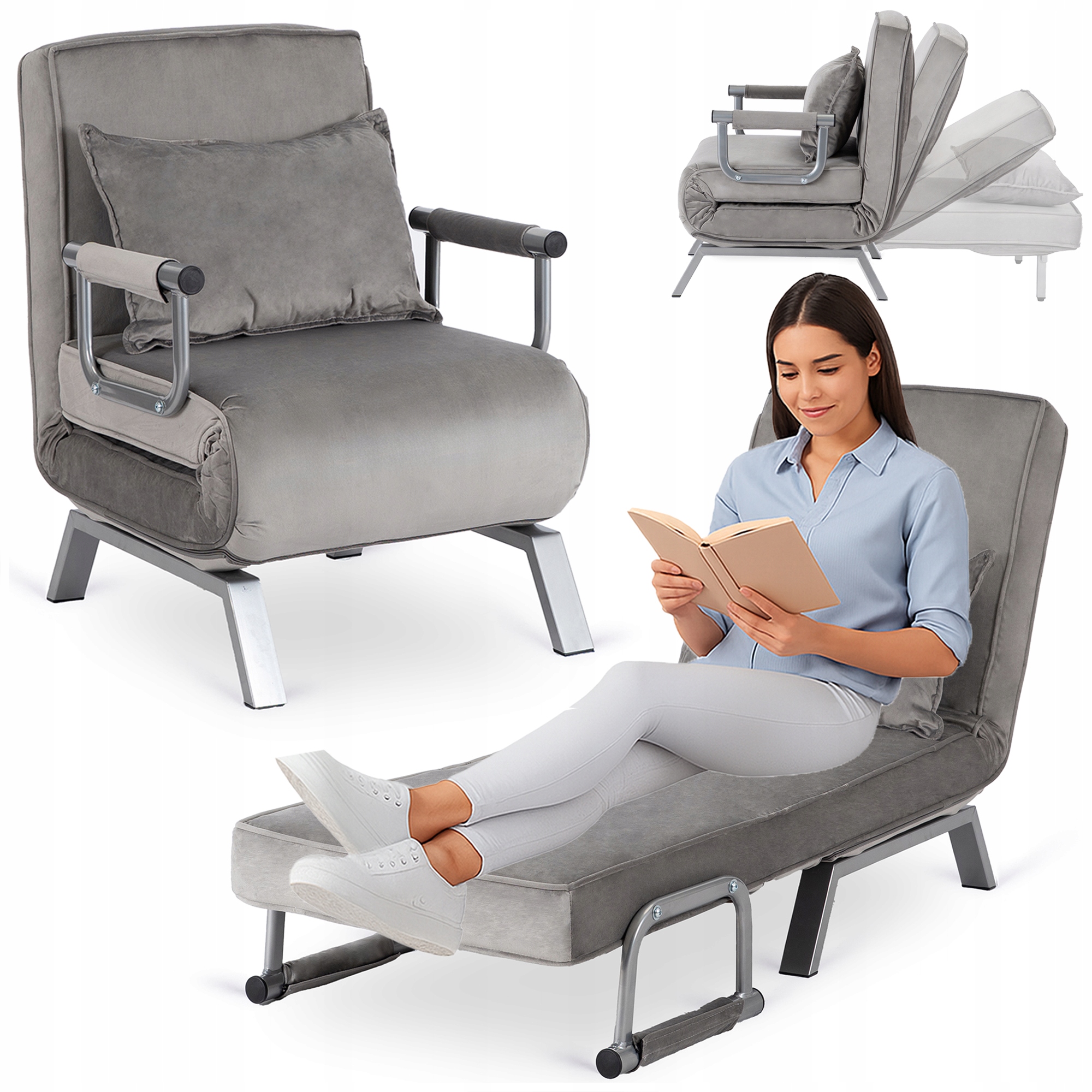 Rozkládací křeslo pro spaní v obývacím pokoji Jednolůžkové lehátko Velurové šedé Bart