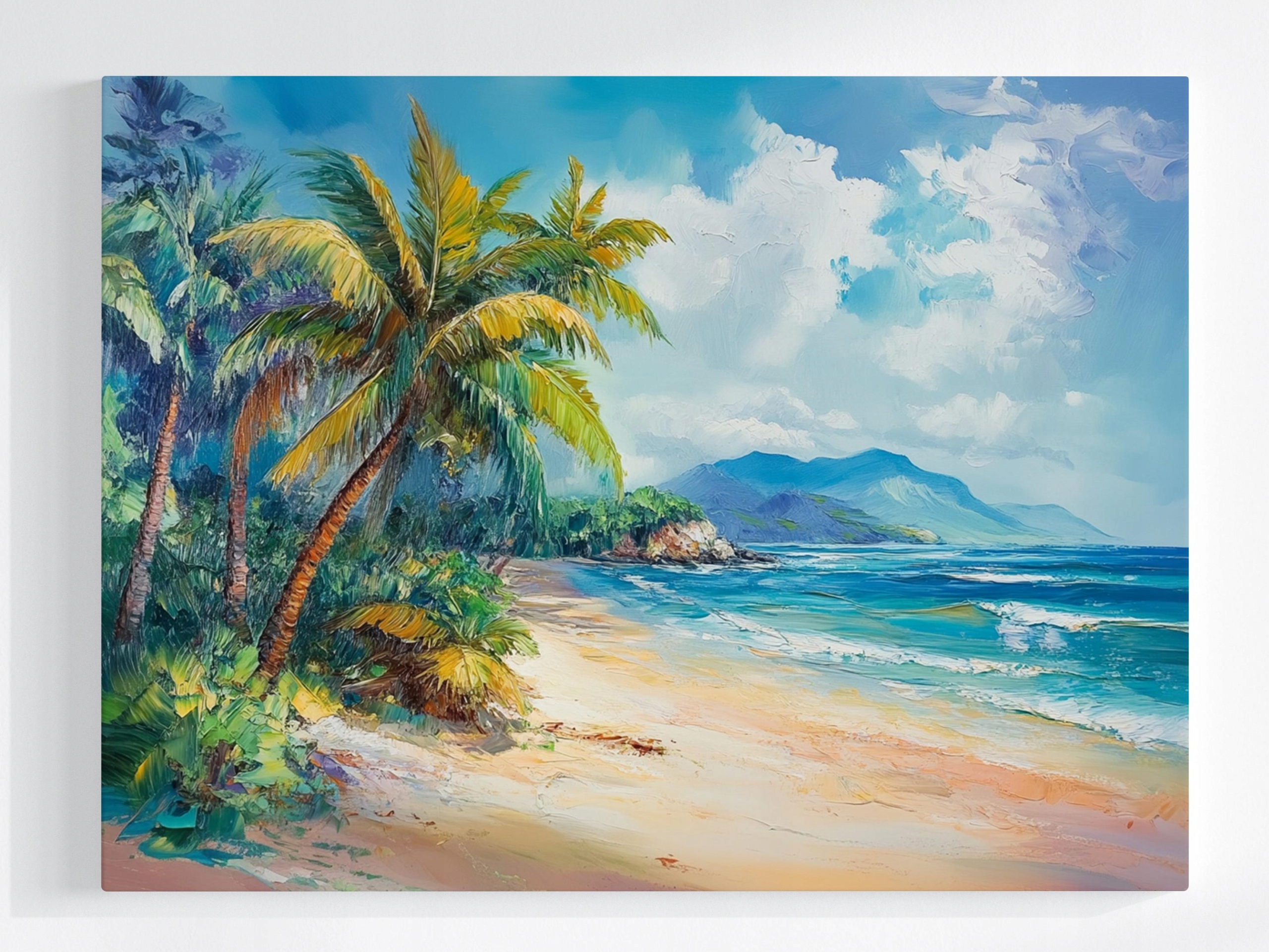 Obraz Na Plátně Canvas Olej Exotická Pláž Moře Oceán Palmy Hory 100x75