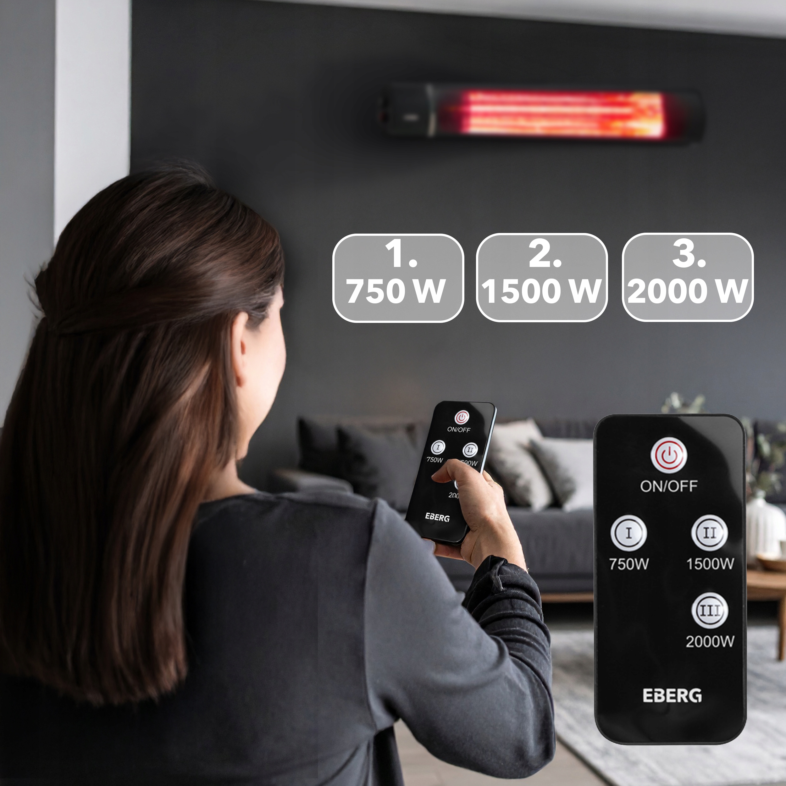 Promiennik podczerwieni ciepła EBERG grzejnik elektryczny ścienny 2kW+pilot Moc 2000 W