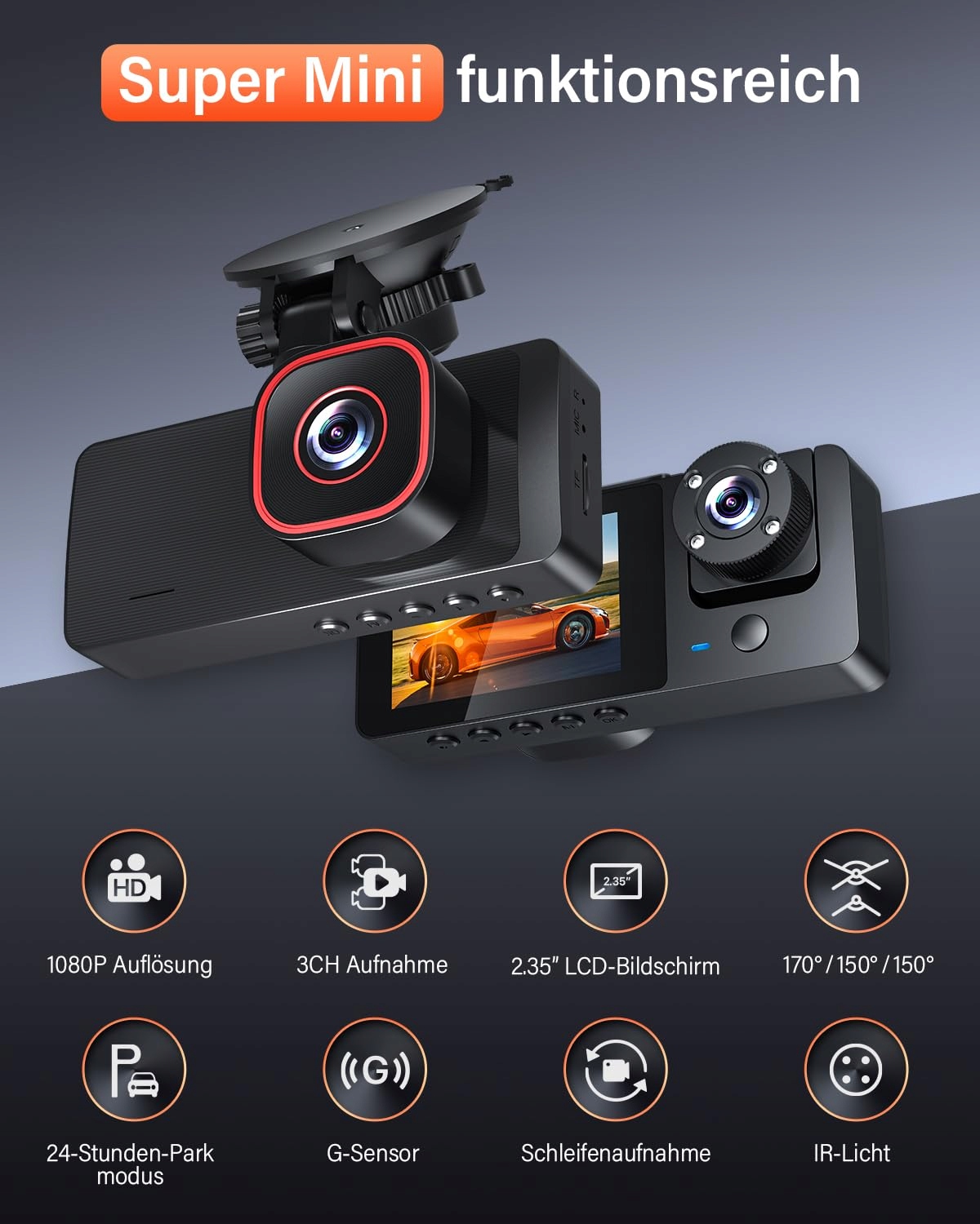 BESTSEE Kamera Samochodowa 1080P Przód Tył Wnętrze 64GB Karta SD WDR — miniatura 2