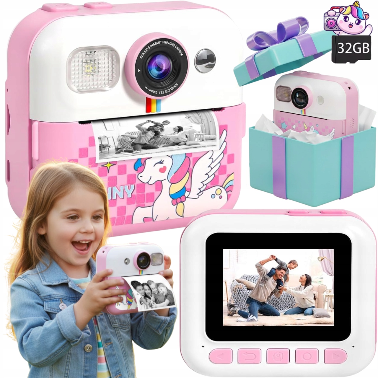 Růžový instantní fotoaparát pro děti s Mini tiskárnou a paměťovou kartou 32 Gb
