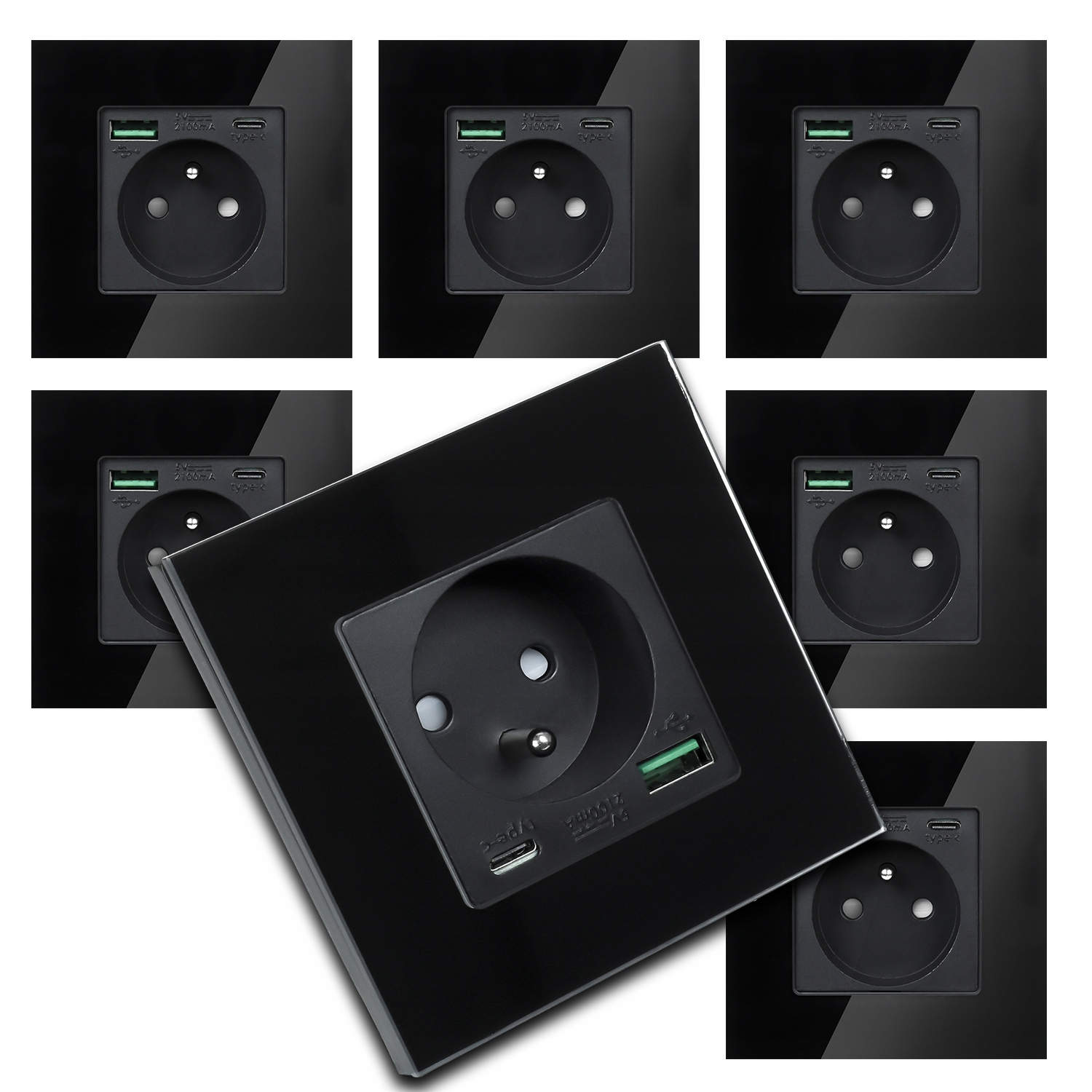 7x Moderní Černá Elektrická Zásuvka Sklo S Vestavěnou Usb Nabíječkou