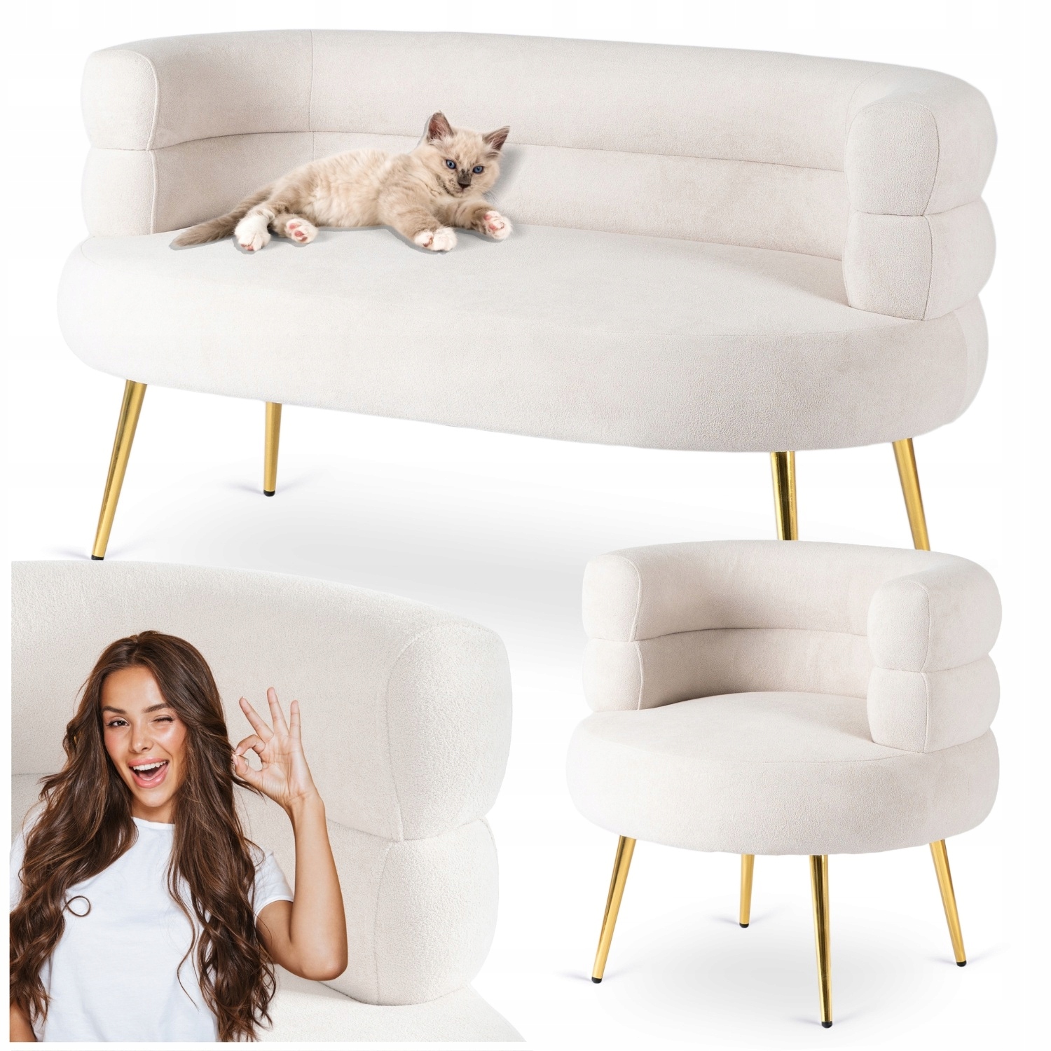 Sada nábytku Pohovka a křeslo Glamour Malá pohovka do obývacího pokoje Krémově zlatá