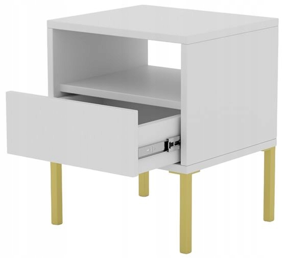 Nočný stolík Eryne moderný biely s poličkou, zlaté kovové nožičky