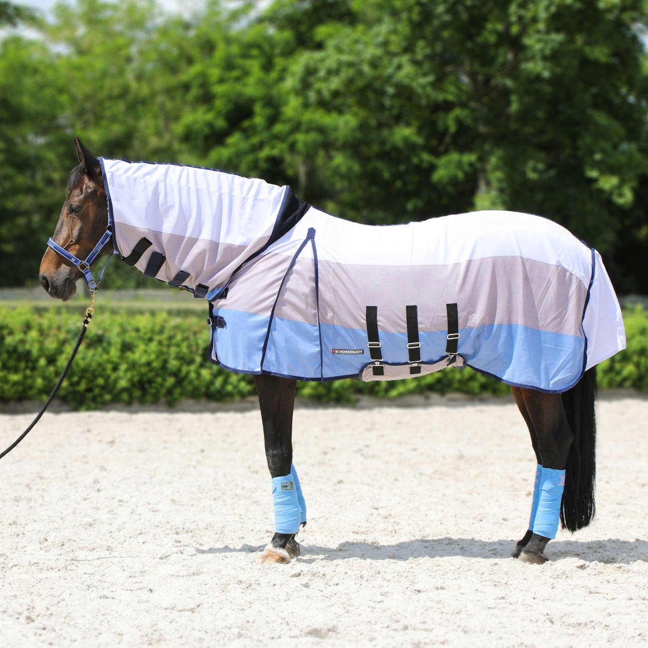 Deka pro koně Horsenjoy síťovaná s kapucí Davina, světle modrá-béžová-bílá, 105 cm