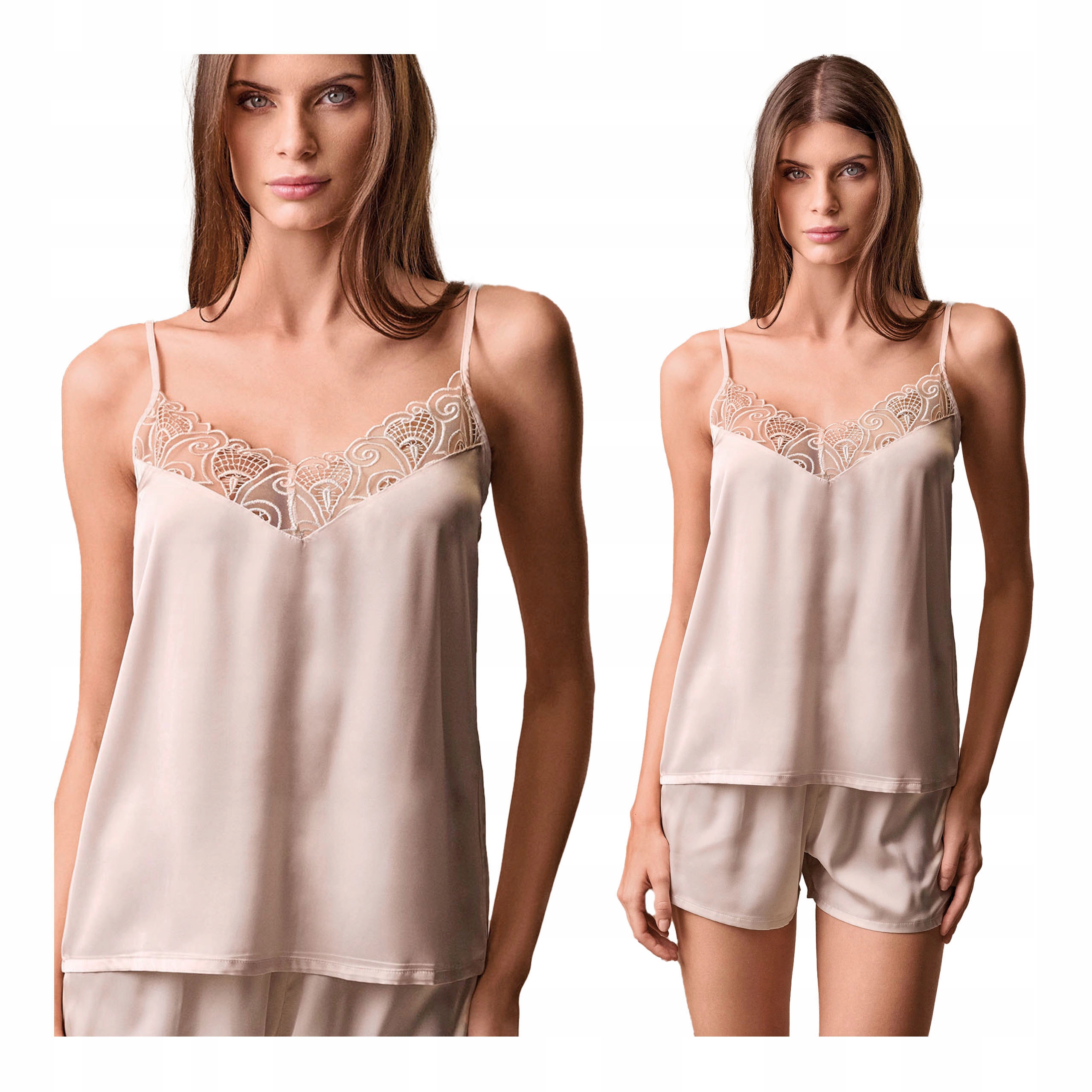 Dámské dvoudílné saténové pyžamo béžové s krajkou jako dárek Lormar M