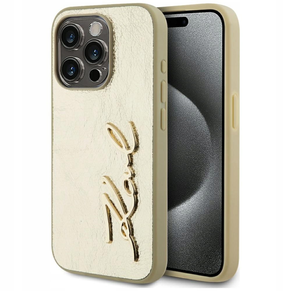 Karl Lagerfeld vrásčitý kovový podpis na iPhone 15 Pro Pouzdro