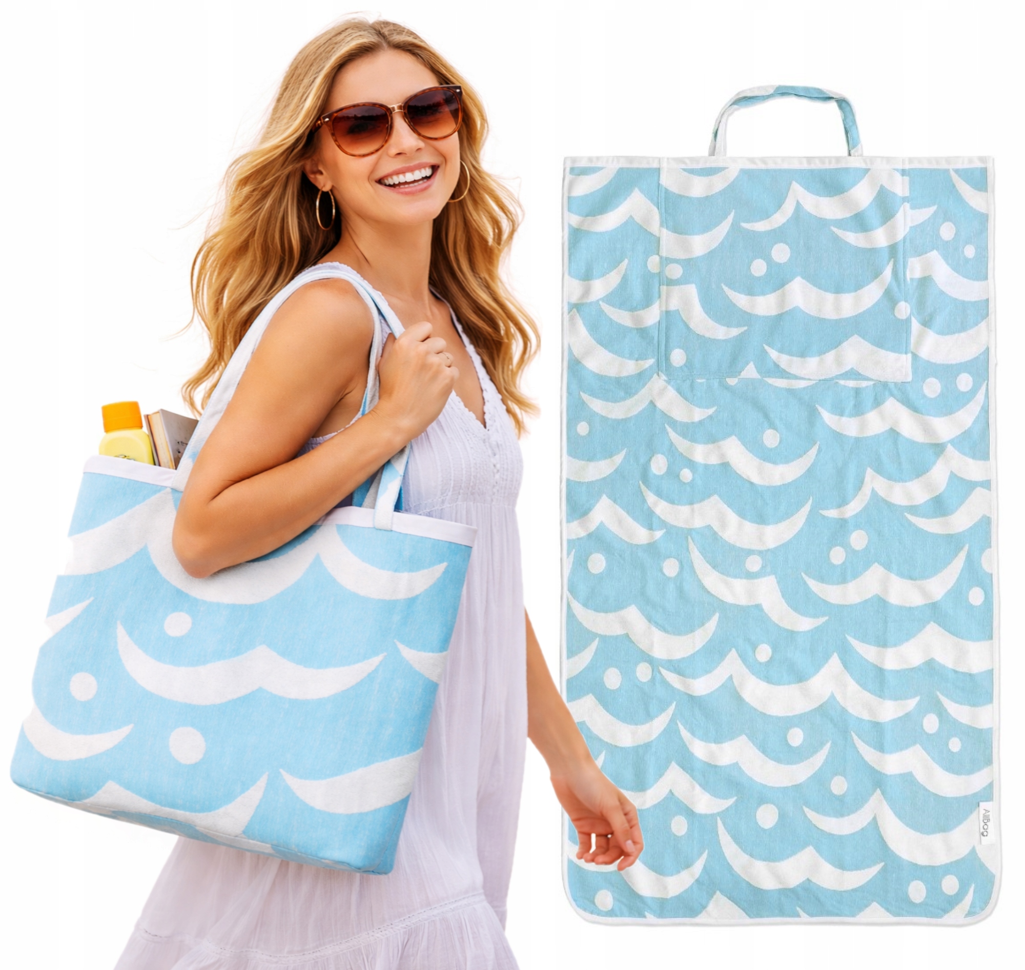 Plážový Ručník Modrý Froté 2v1 Prázdninová Plážová Taška 100% Bavlna