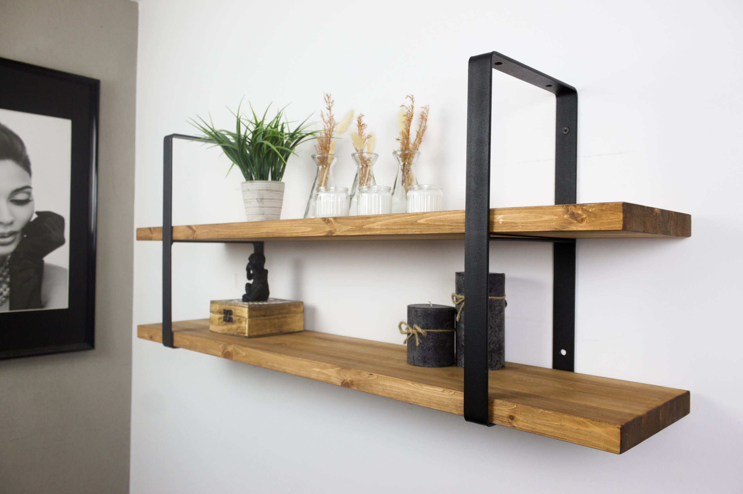 Hrubá polica Borovica drevená dvojitá industriálna závesná pevná 100x20 cm