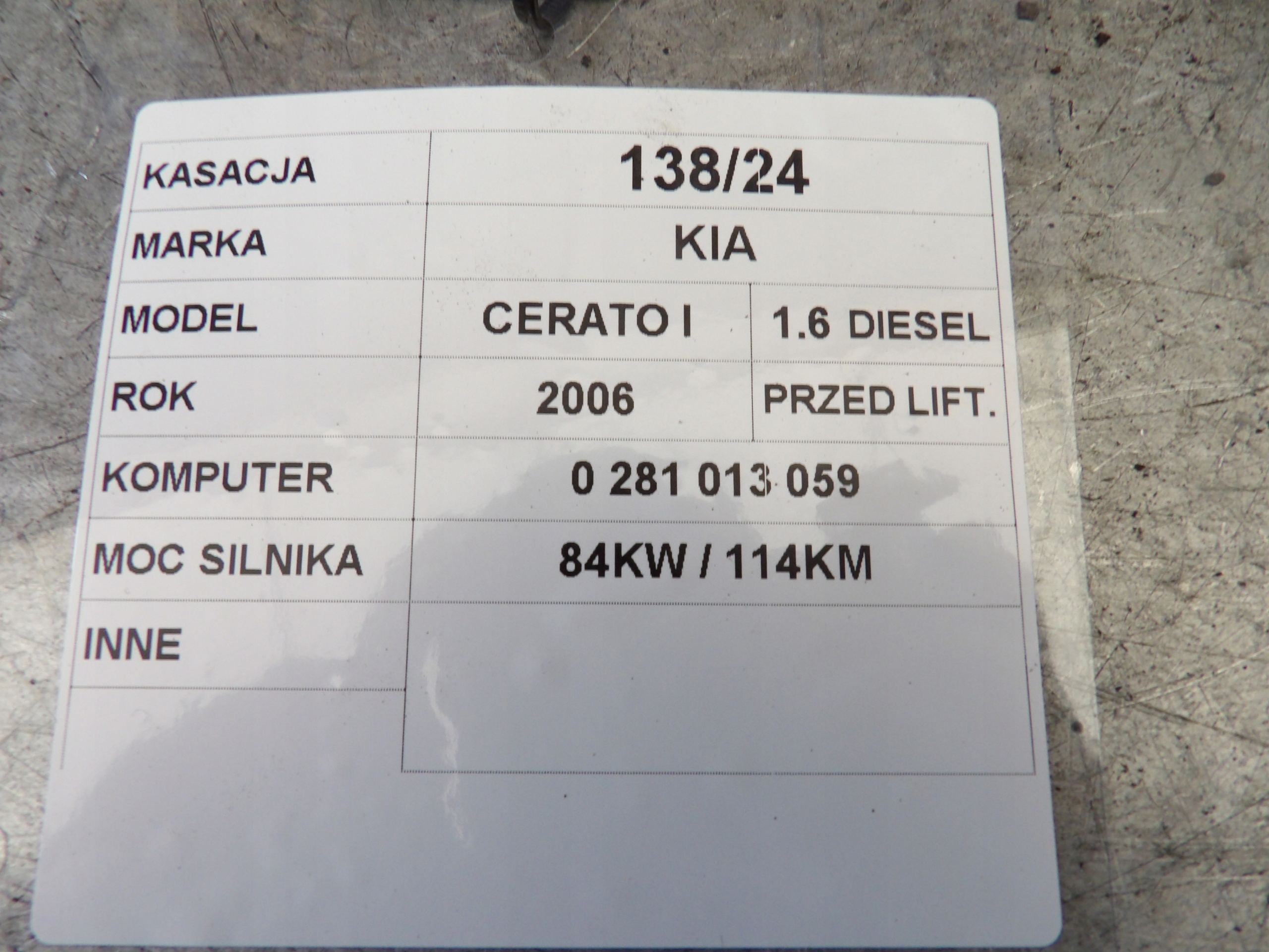 Kia Cerato e computer Centralina 39103-2A110 0281013059 DA54
