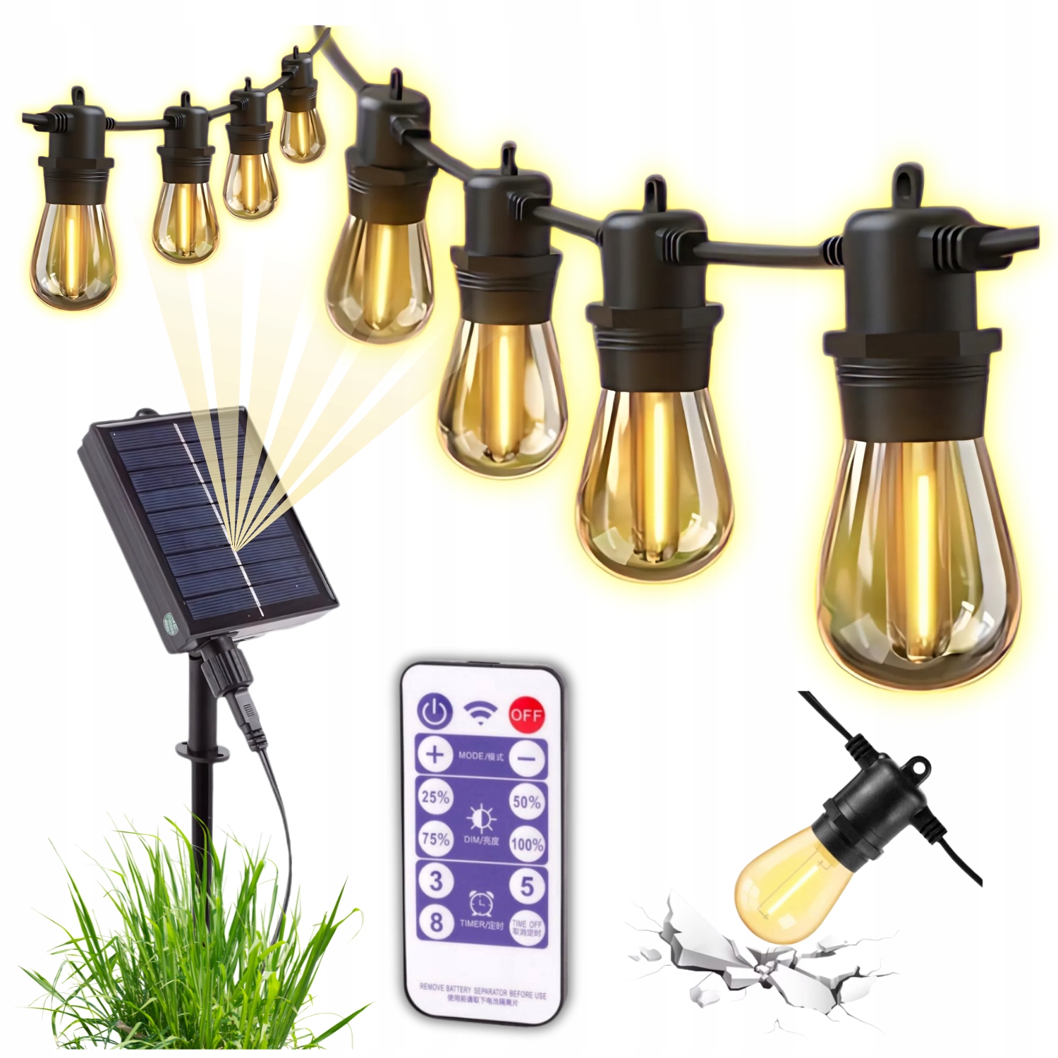 Girlanda Led 20m solarna z pilotem Dekoracja ogrodowa IP65 20 żarówek