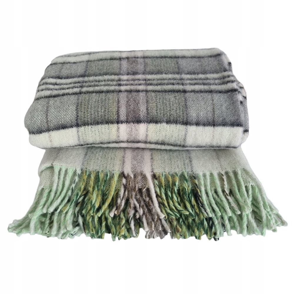 Vlnená deka s strapcami 150x200 vlna poľsko mriežka šedá pistáciová