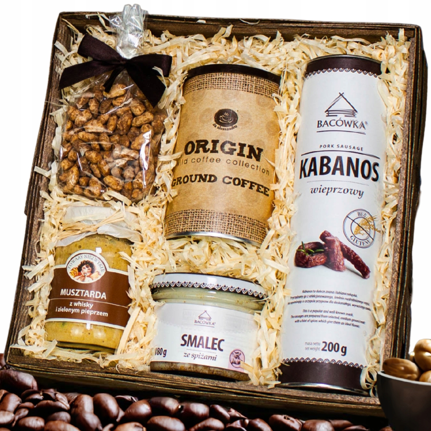 Kosz Prezentowy dla niego kabanos, smalec, kawa, orzeszki. musztarda