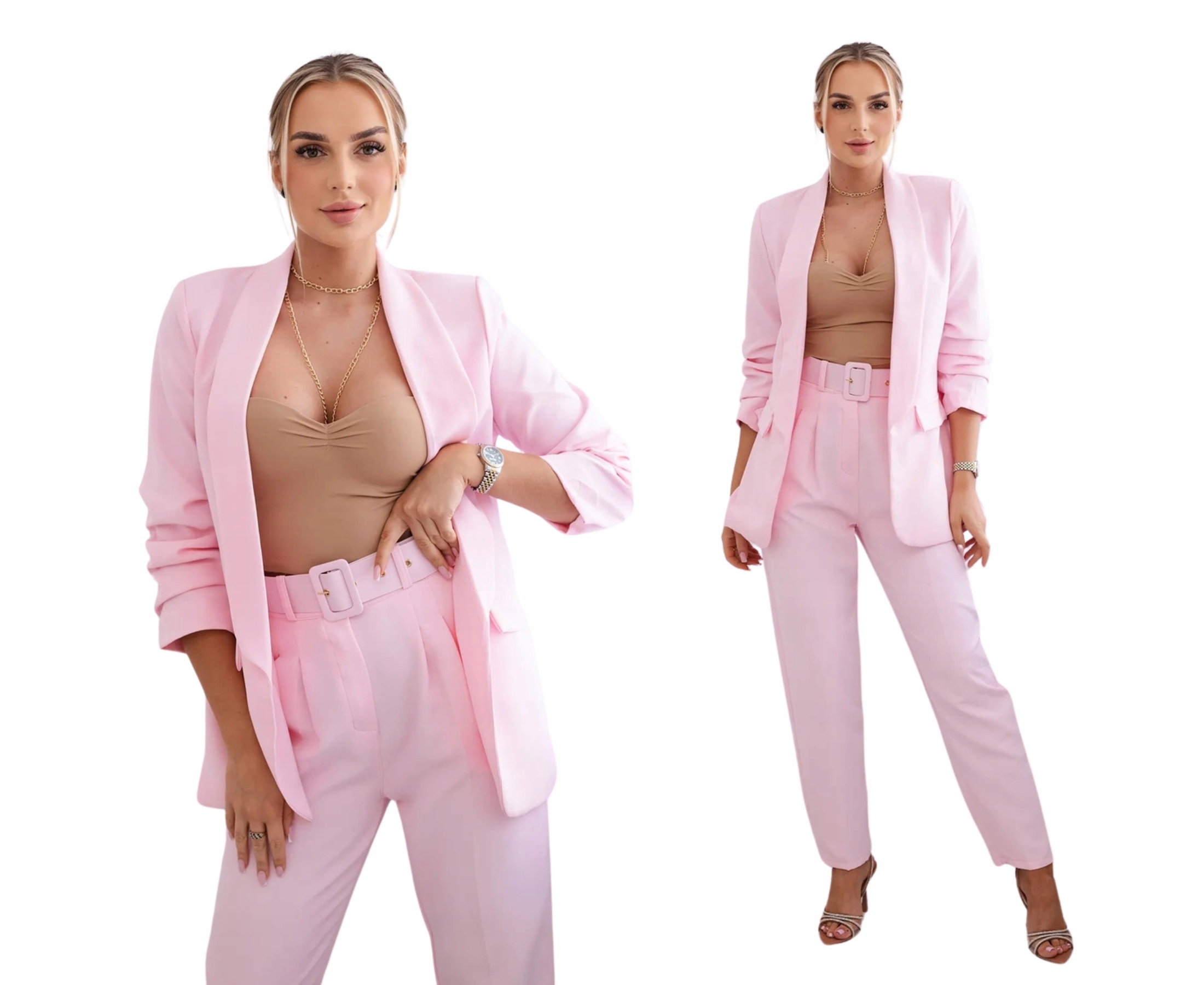 Cukrově růžová elegantní dámská souprava sako a kalhoty s páskem
