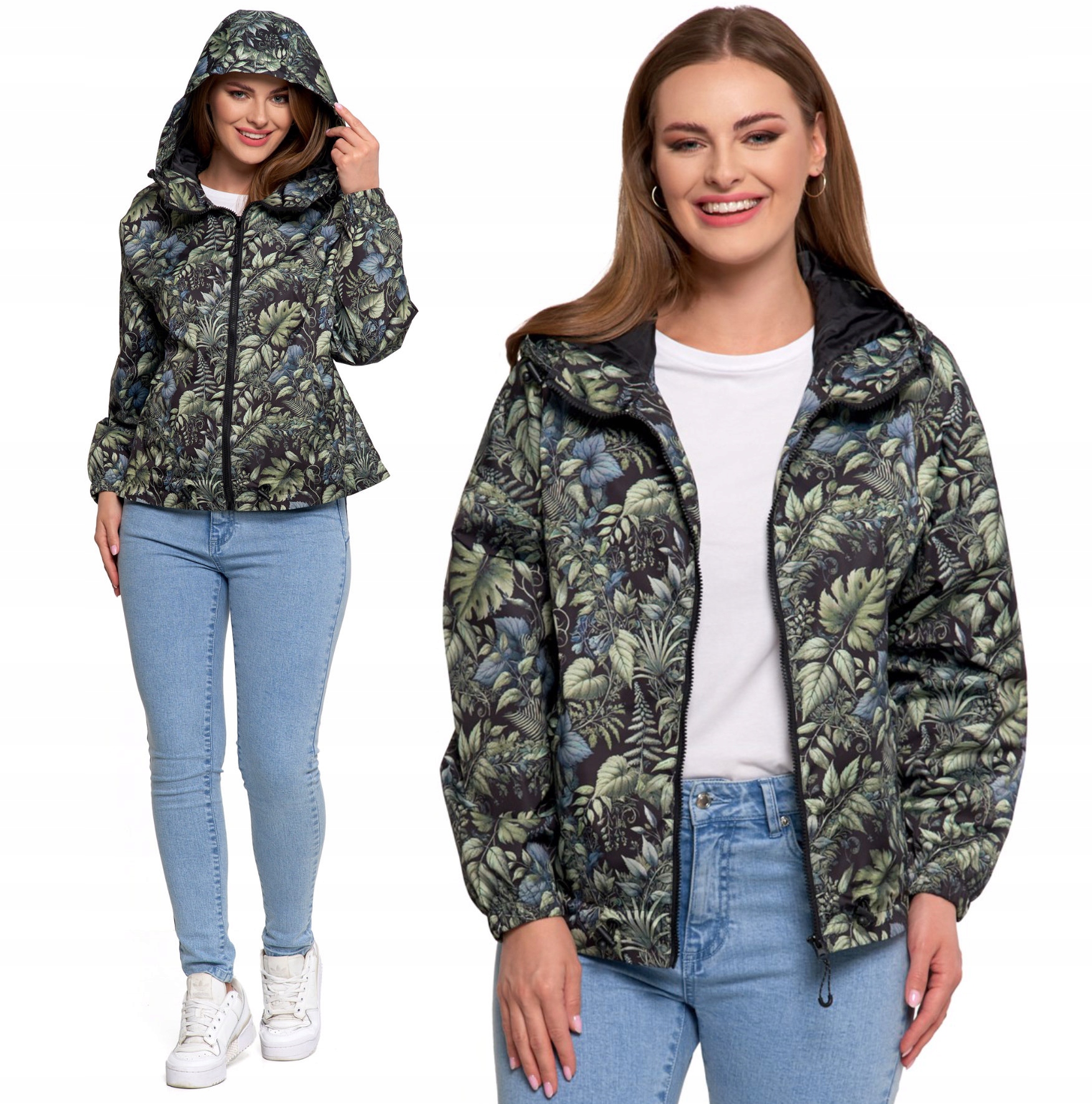 Kurtka Damska Przejściowa Krótka Moraj Na Zamek Kaptur Motyw Roślinny M