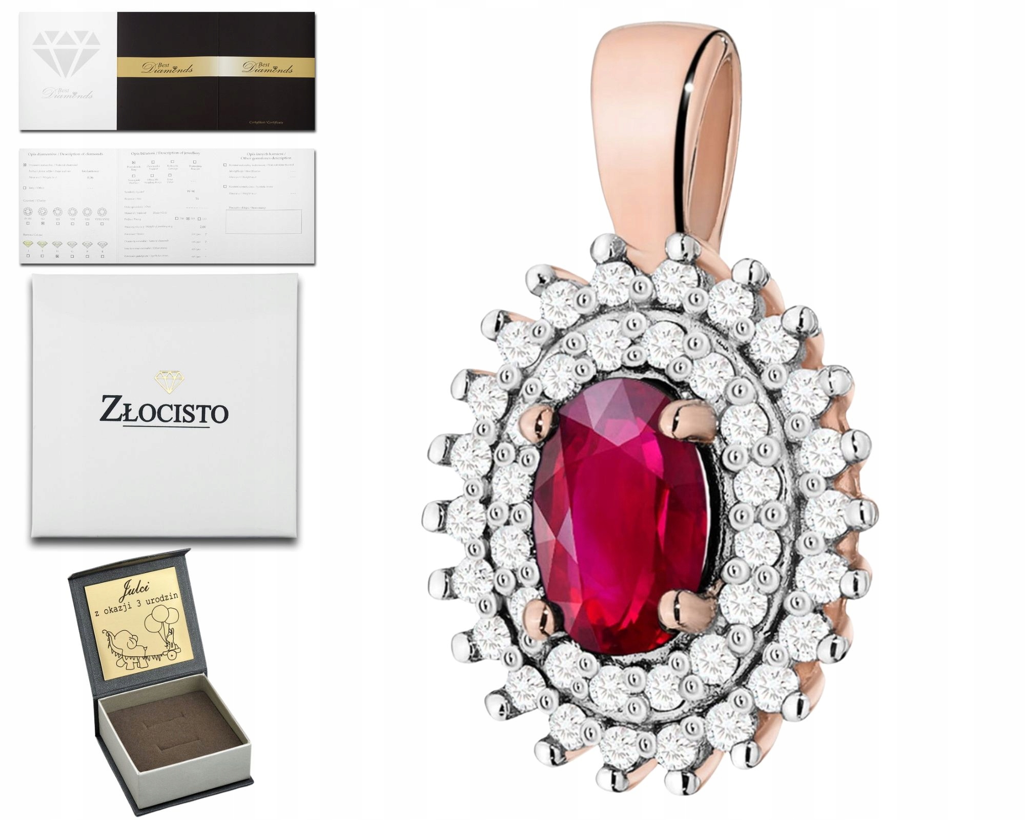 Zlatý Přívěsek S Rubínem A Diamanty, Růžové Zlato 585