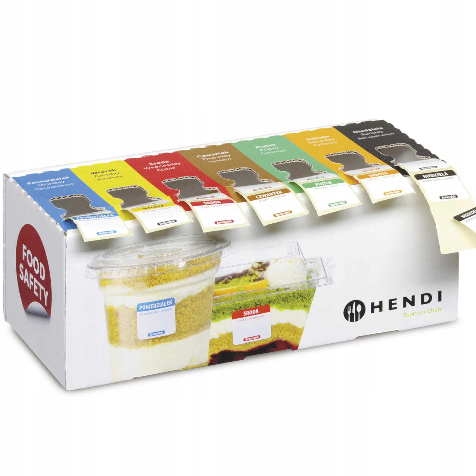 Sada opakovaně použitelných etiket na potraviny typu safety pro každý den v týdnu s podavačem