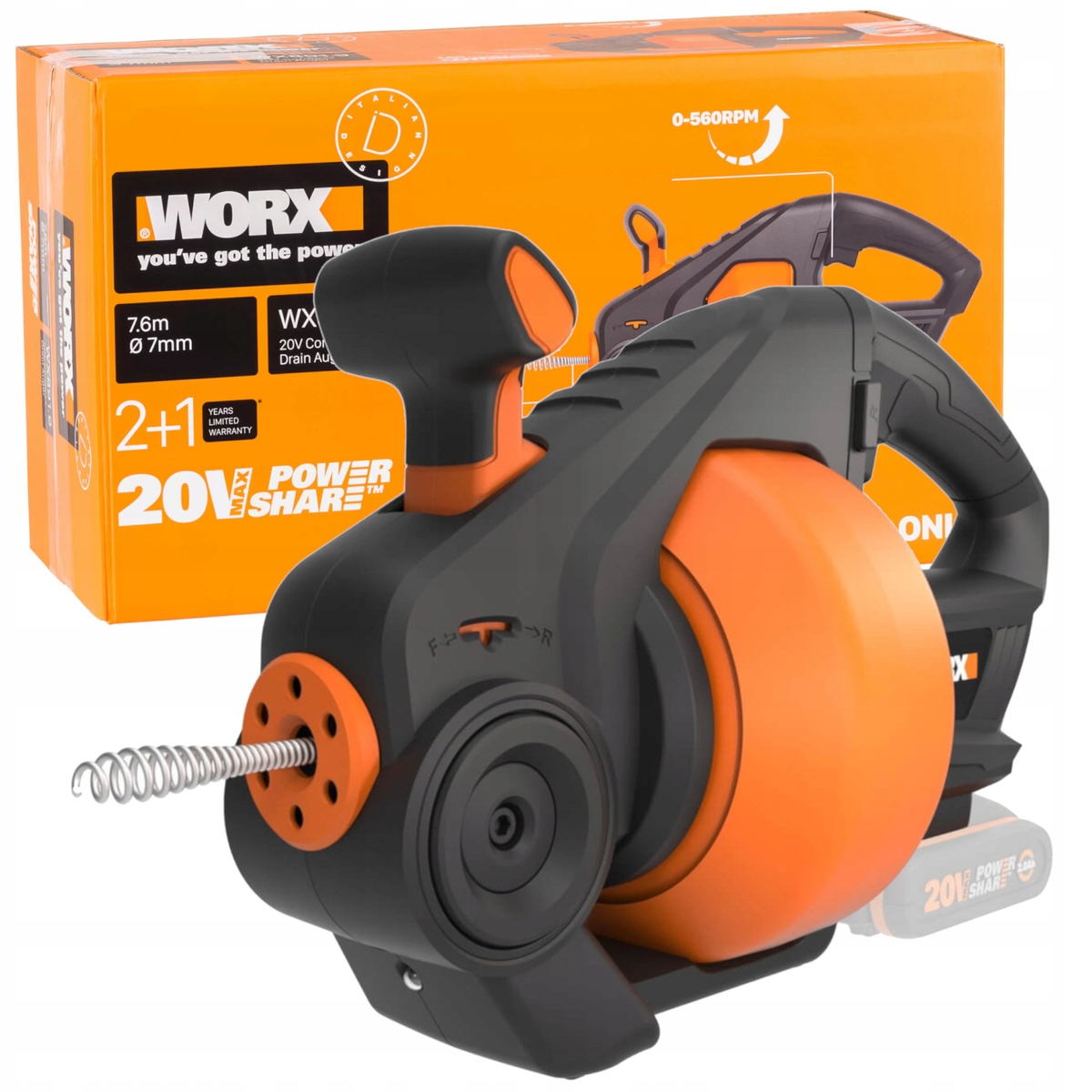 Worx WX891.9 Akumulátorový Čistič Trubek 7 mm x 7,6 m 20 V
