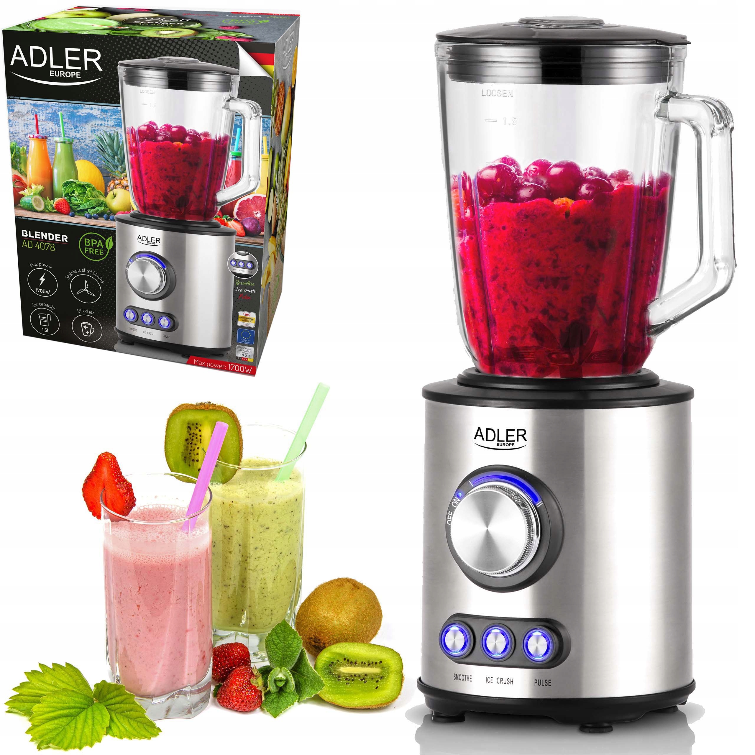 Blender stojący Adler Ad 4078, 1700 W, stal nierdzewna, 1,5 L, szkło