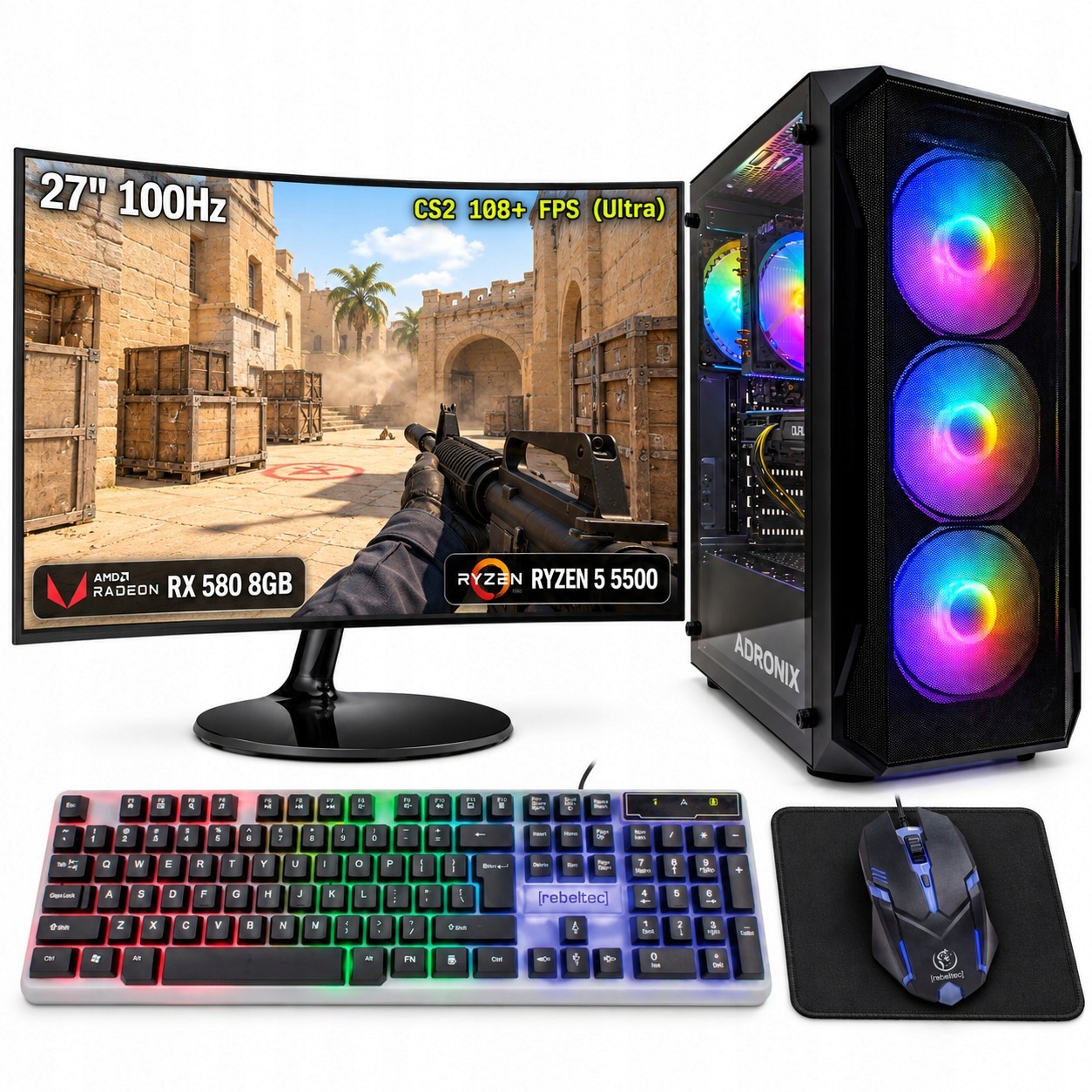 Herní Set 27" |Ryzen 5 5500| 16GB|512GB Ssd| Rx 580 8GB| WiFi WIN11