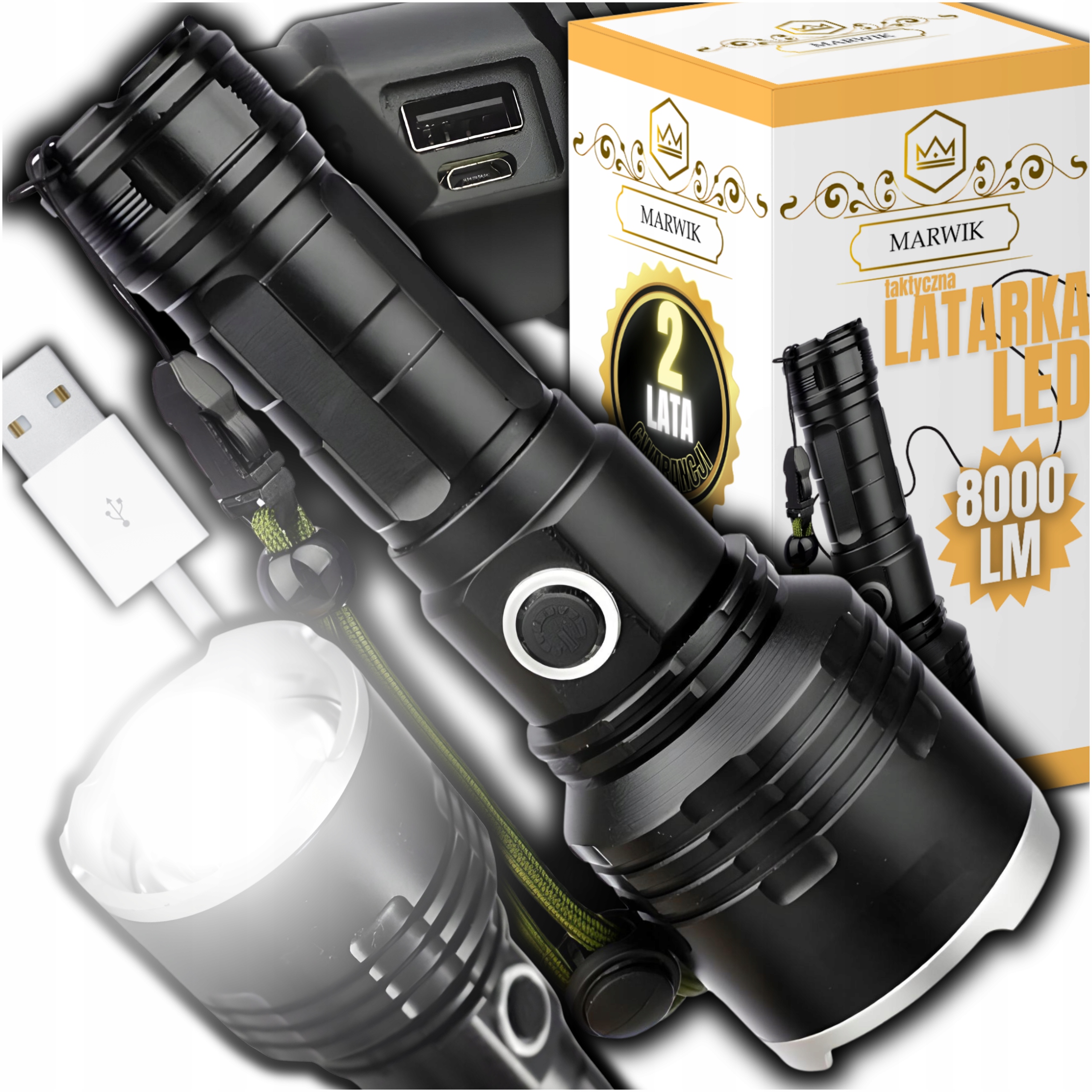 BARDZO MOCNA LATARKA TAKTYCZNA LED P99 8000LM USB WOJSKOWA AKUMULATOROWA