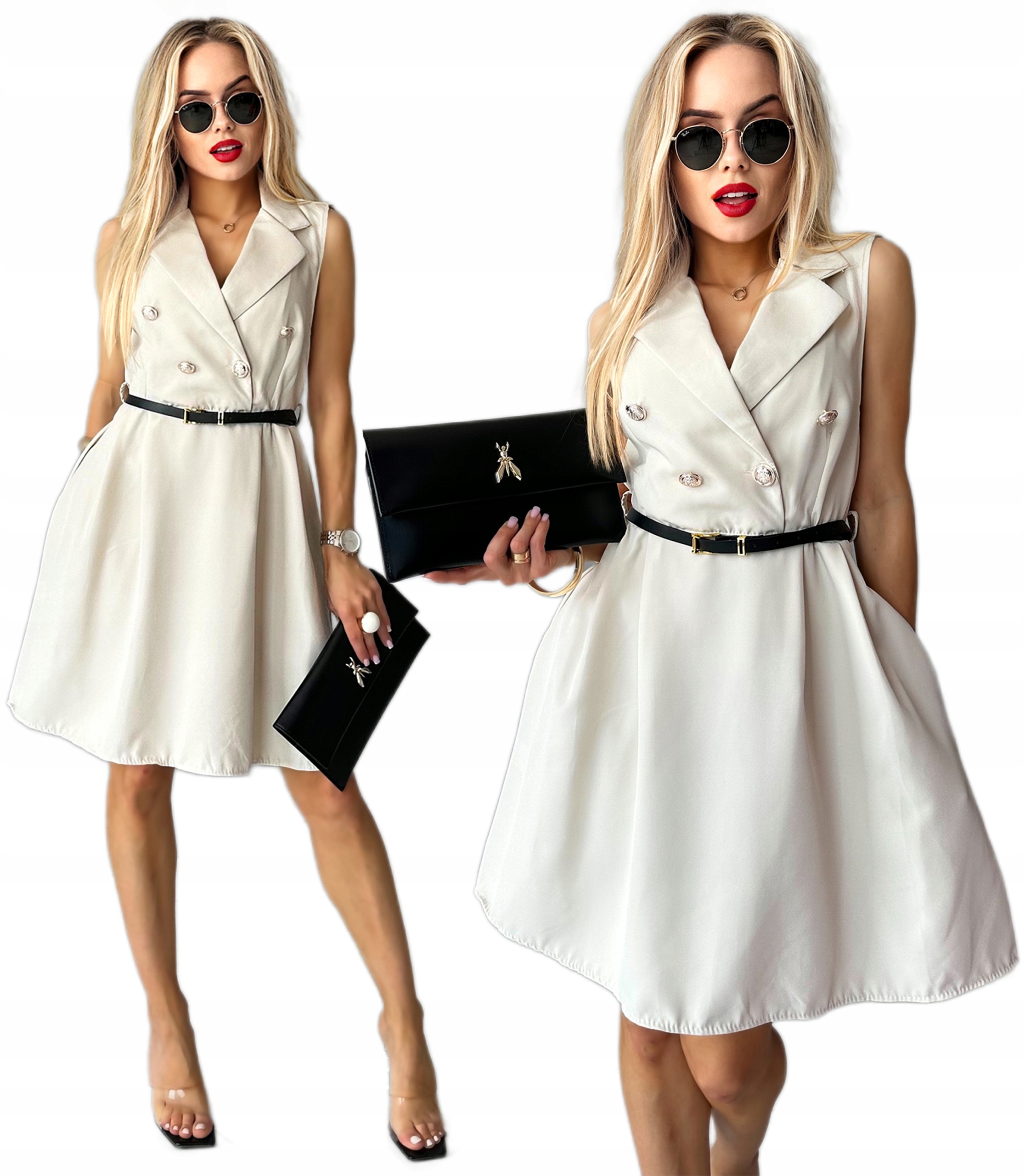 Sukienka Damska rozkloszowana szmizjerka kieszenie pasek Alina