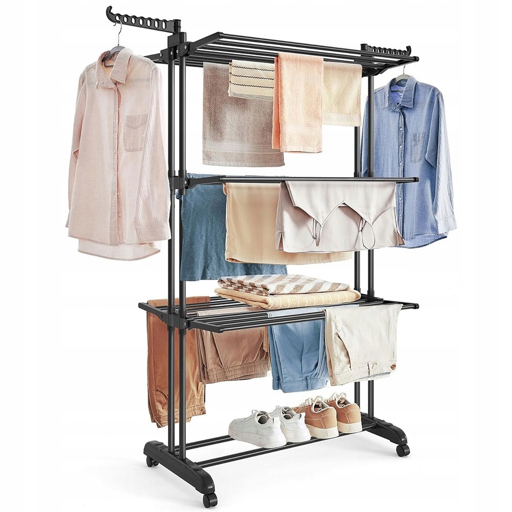 Sušák na prádlo rozkládací, prostorná, stojící s policemi a křídly, černá