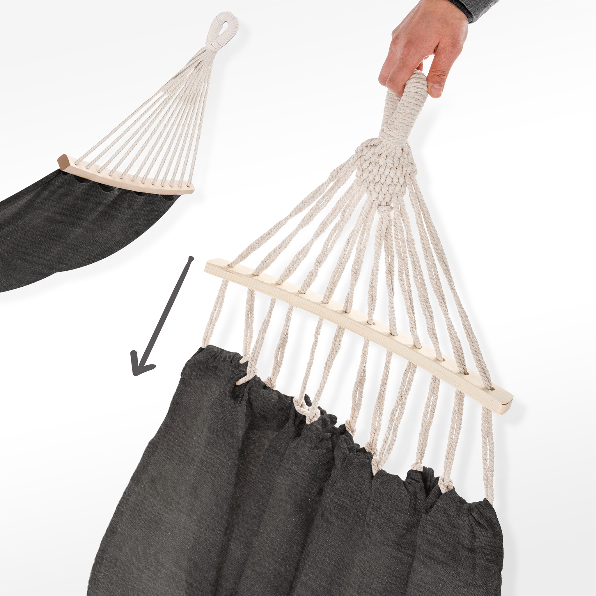 Hamac Double Campela 200x150 Cm Avec Traverses Bois - Charge 240 Kg - Style Boho Gris - Pour Jardin, Terrasse, Camping - Sac Inclus