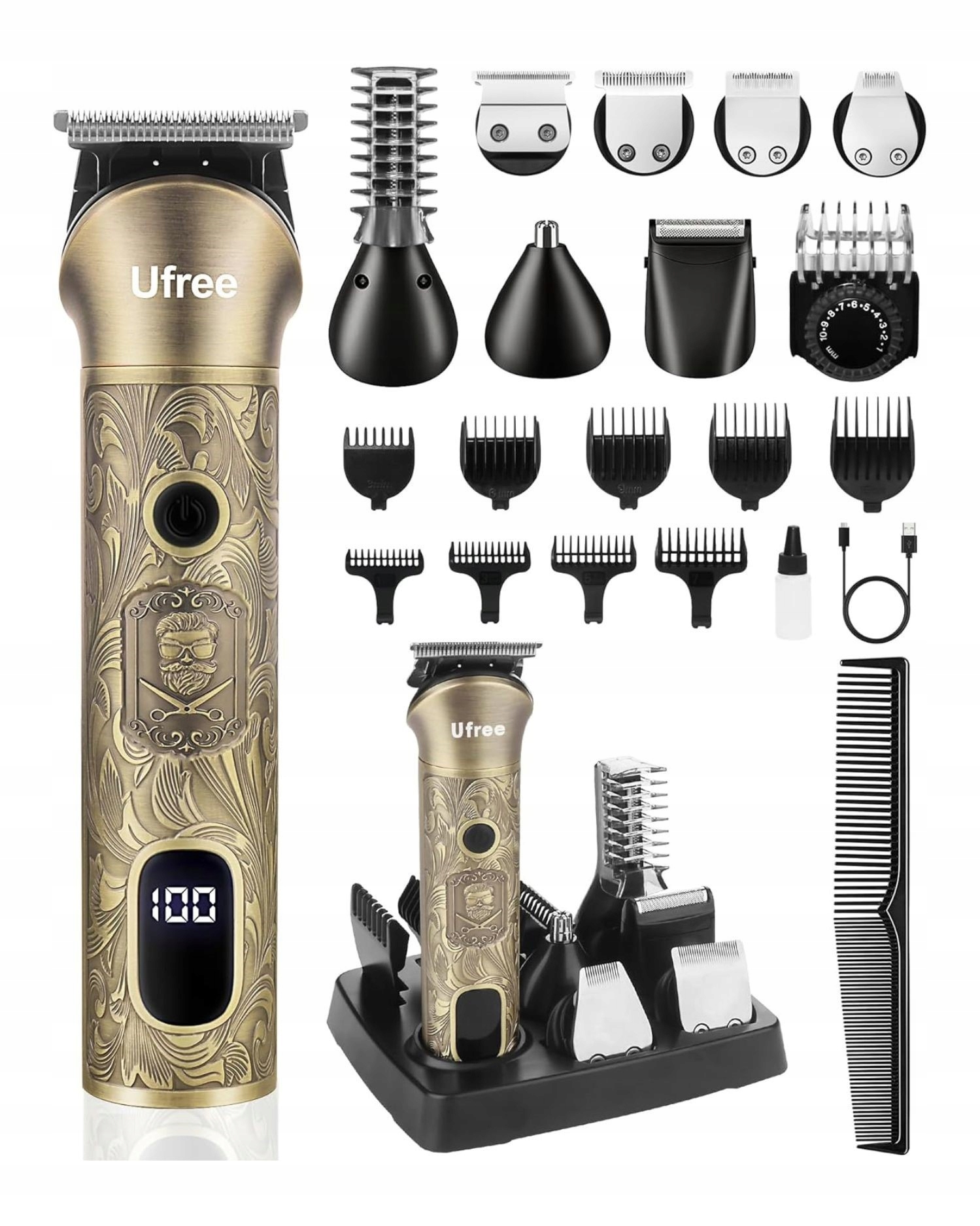 Zastřihovač 7v1 premium barber strojek na vlasy vousy tělo LCD 6500RPM