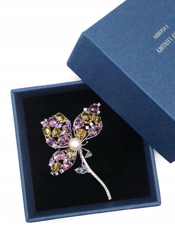 Luxusní Brož Přívěsek Květ Stříbrný Barevný Rhodium Krabička Jako Dárek
