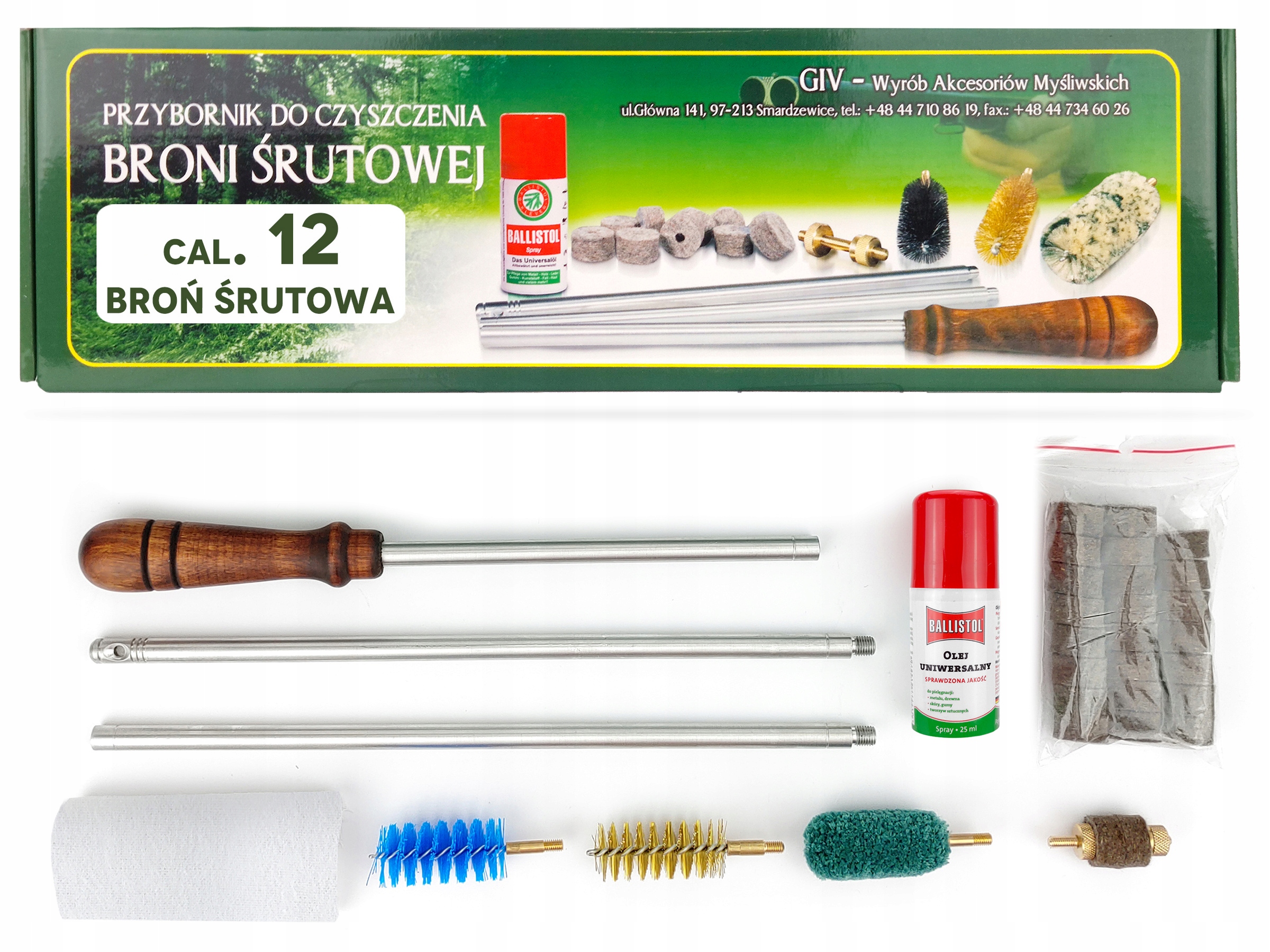 Sada na čištění brokových zbraní 12 mm v krabičce vytěrák kartáče mazivo