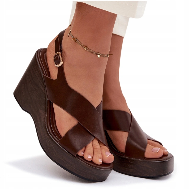 Sandały Damskie Eko Skórzane Na Koturnie Czekoladowe 38