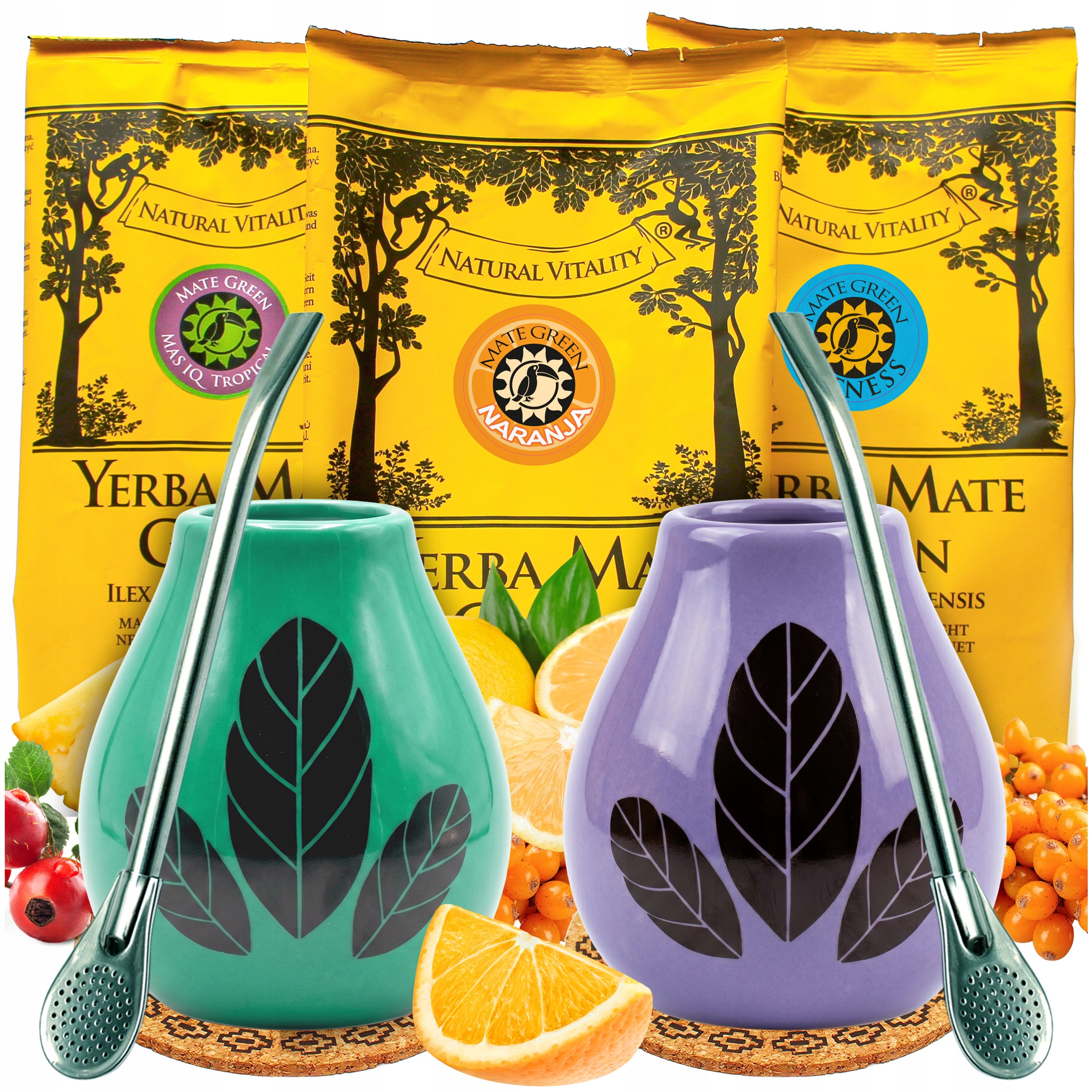 Sada pro dva Yerba Mate Green Ovocná 3x200g Matera 350 ml Bombille