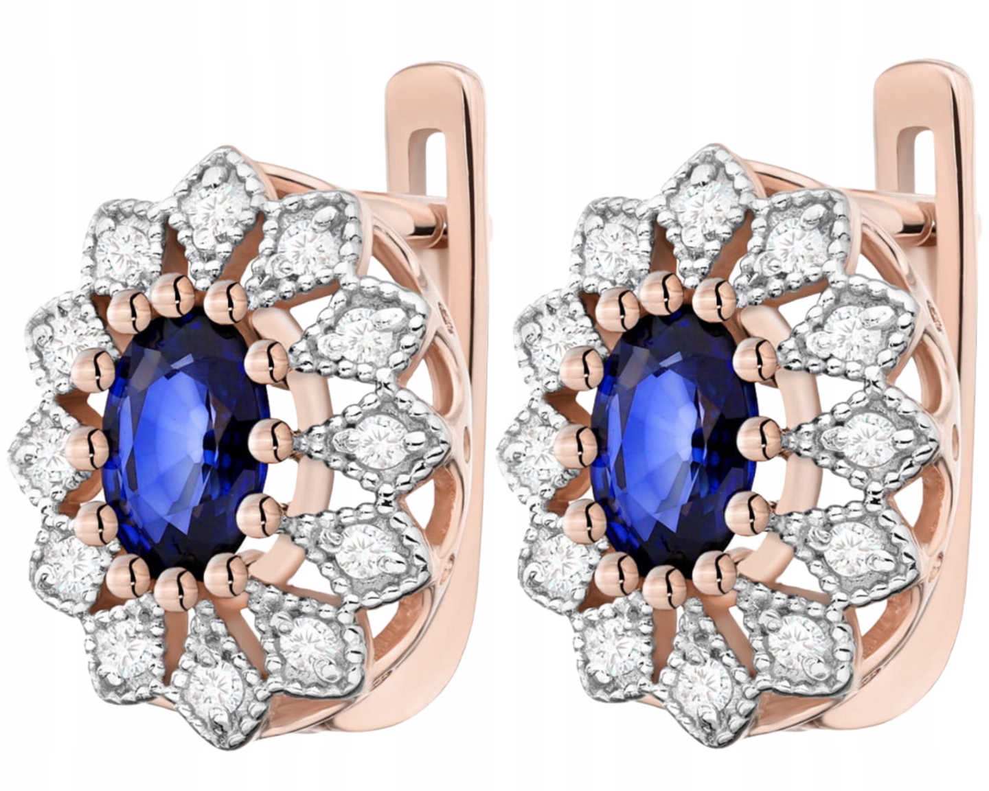 Růžové zlato náušnice s brilianty a safíry 585