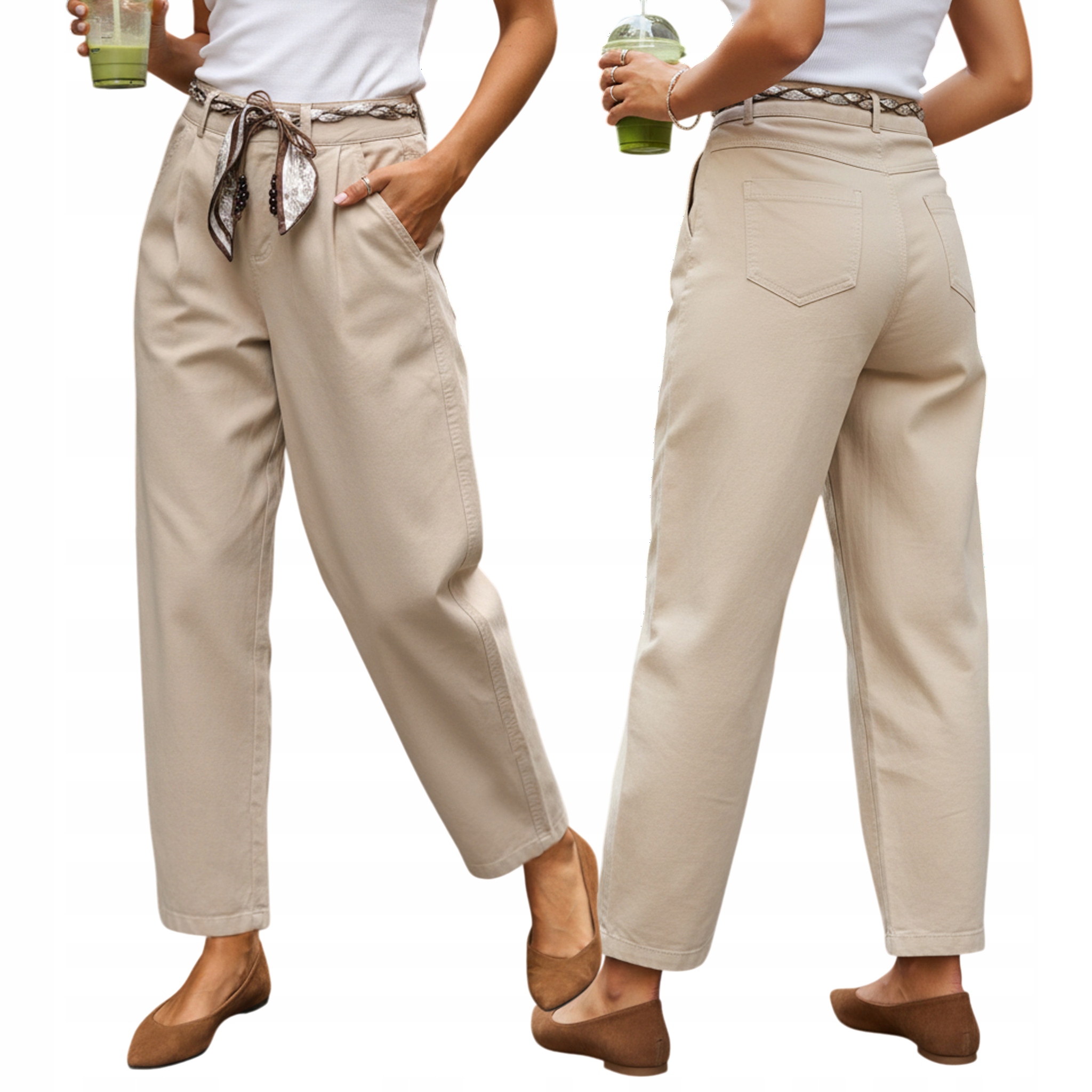 Spodnie damskie z zaszewkami z wysokim stanem ciemnobeżowe UY2902 Xs