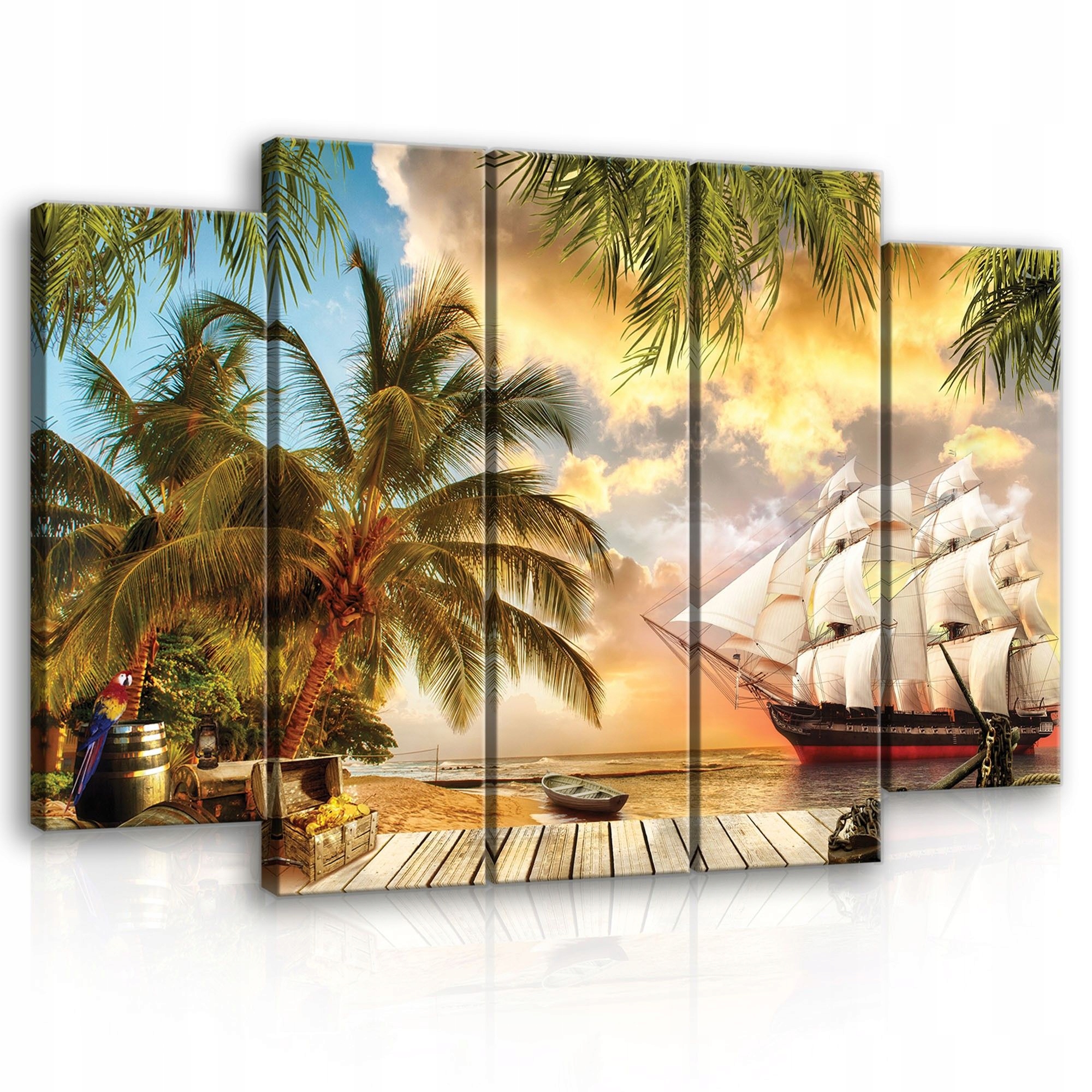 Obraz 150x100 Tropický ostrov more plachetnica západ slnka palmy exotika