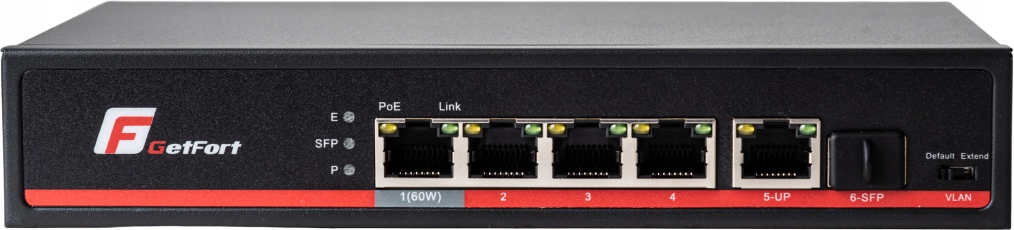 GetFort Gigabitový Switch Sfp 5 portový PoE, 65W