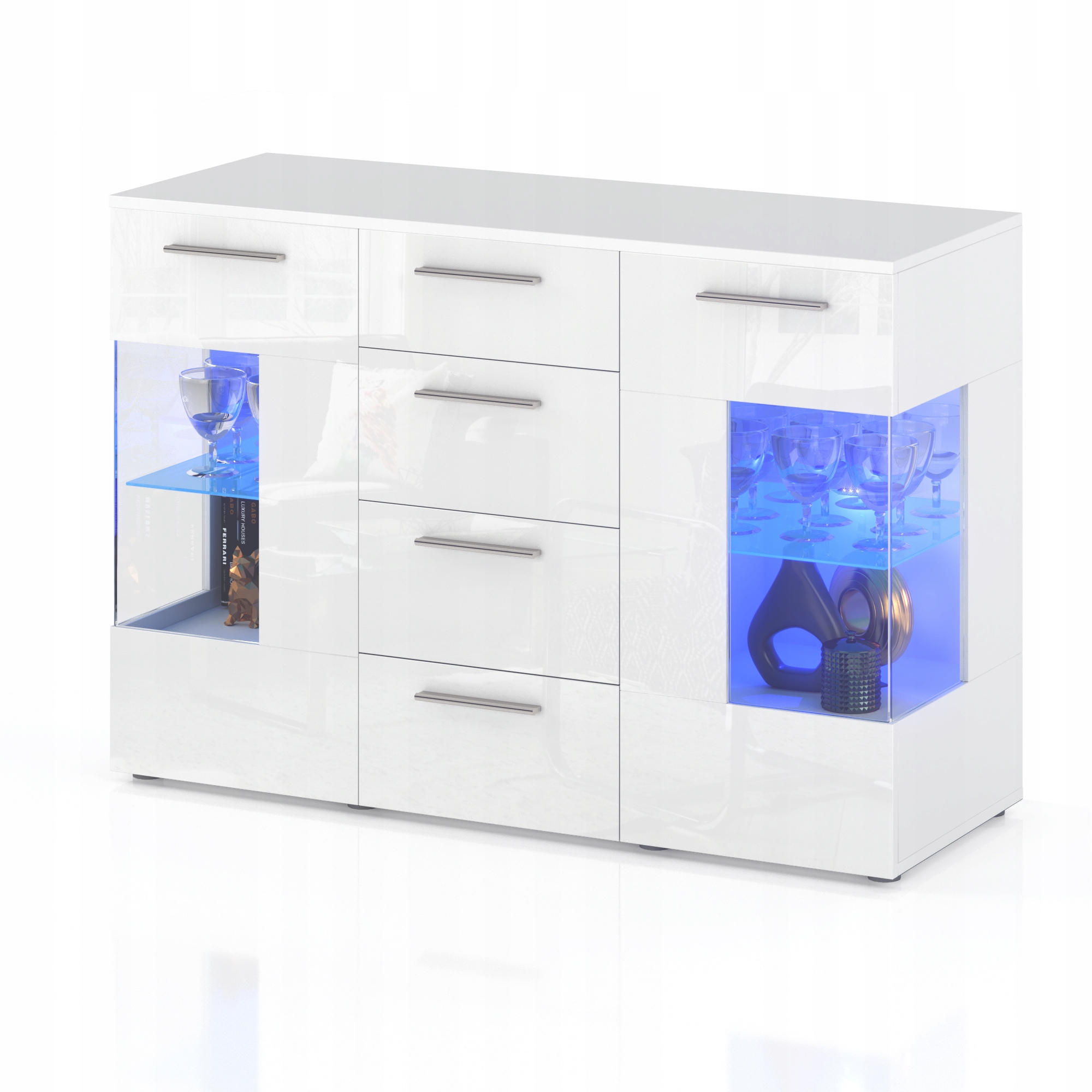 KOMODA 4 SZUFLADY SZAFKA DUŻA POJEMNA 2 DRZWI BIAŁY POŁYSK LED 150 cm