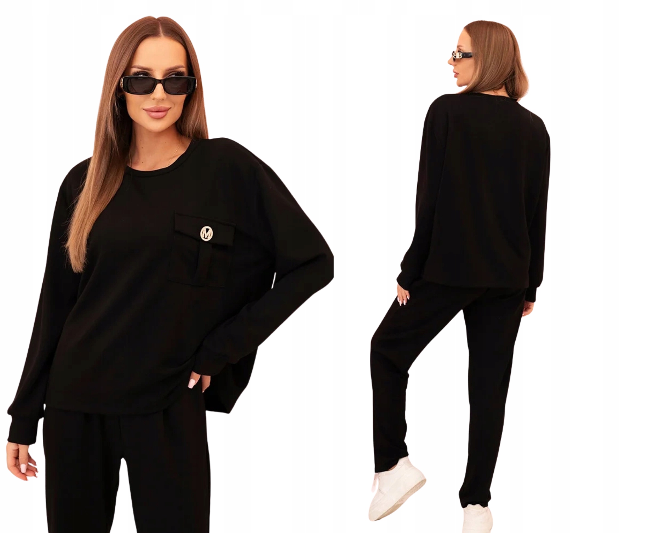 Černý tepláková souprava s ozdobnou kapsou a jednoduchými kalhotami