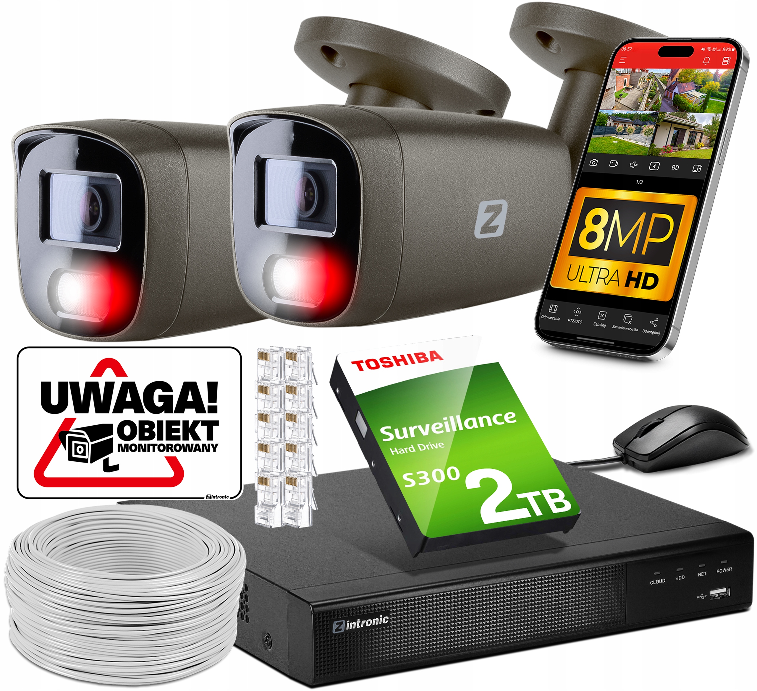 Sada Monitoring 2 kamery Poe 4K Ultra Hd 8Mpx Šedá Detekce lidí 2TB