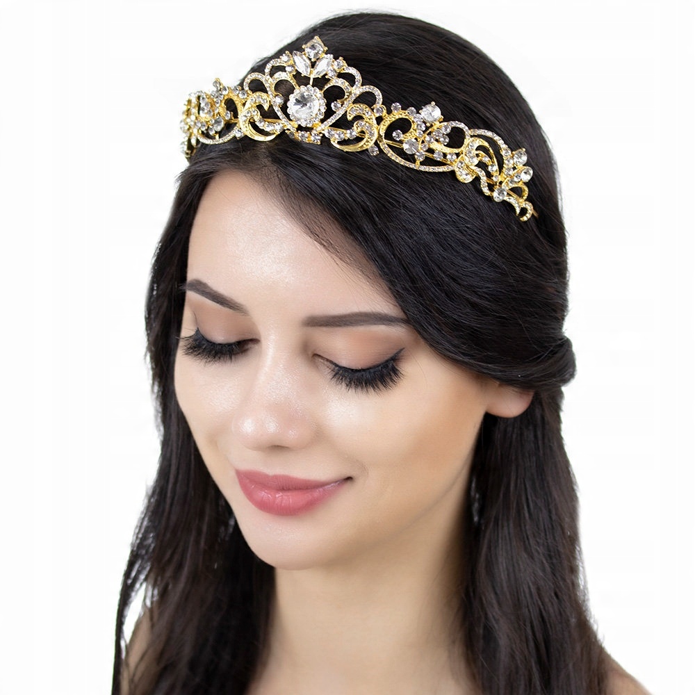 

Diadem Ślubny Korona kryształy Złota tiara Ślub