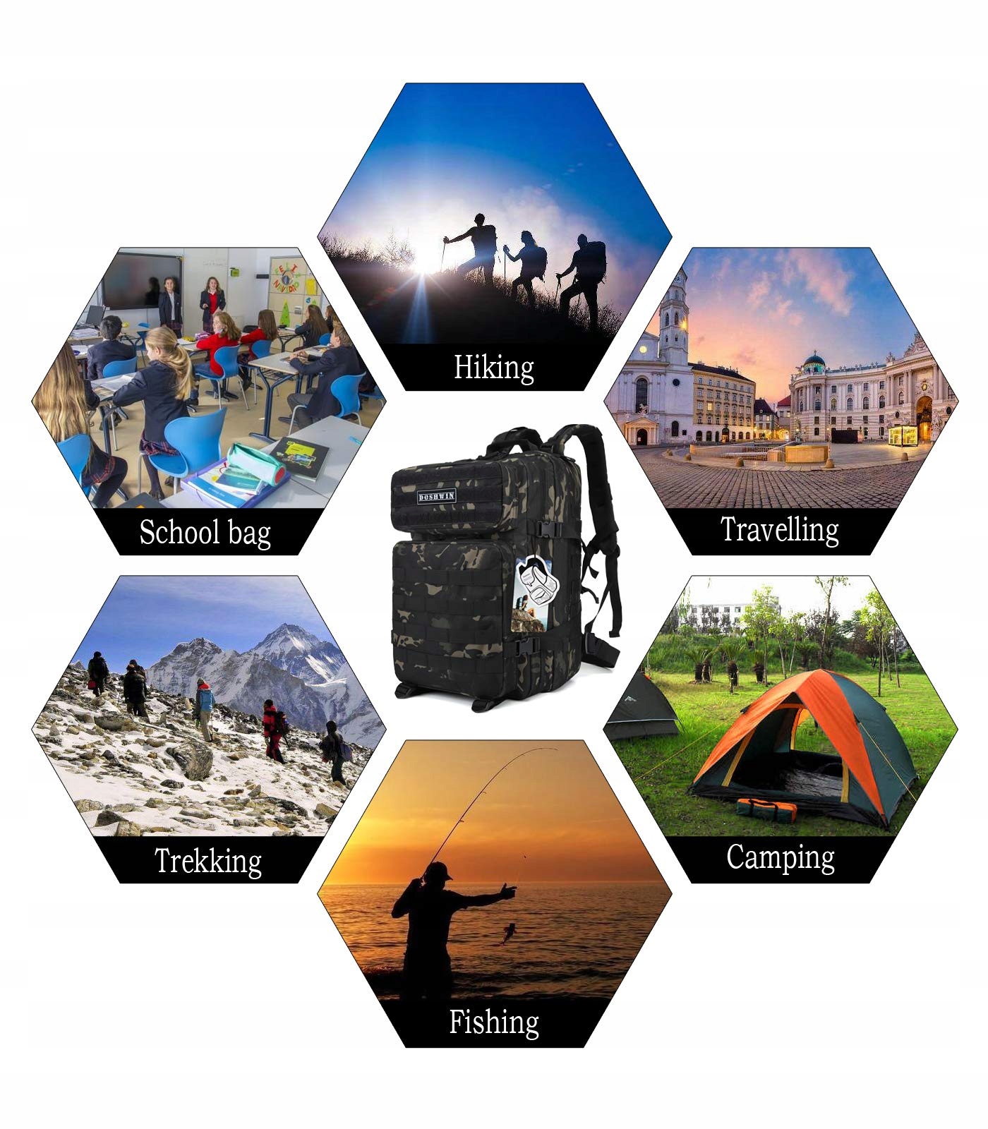 DOSHWIN Plecak Wojskowy 40L Taktyczny Molle Na Wędrówki Camping Trekking — miniatura 6