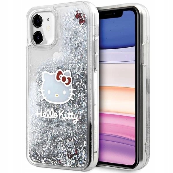 Pouzdro Hello Kitty Liquid Glitter Charms Kitty Head pro iPhone 11 Xr stříbrné