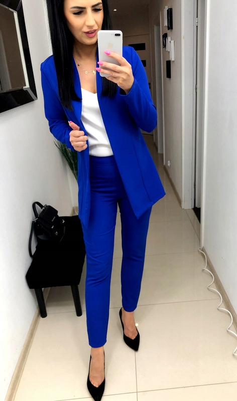 GARNITUR DAMSKI marynarka spodne CHABROWY S Odcień chabrowy