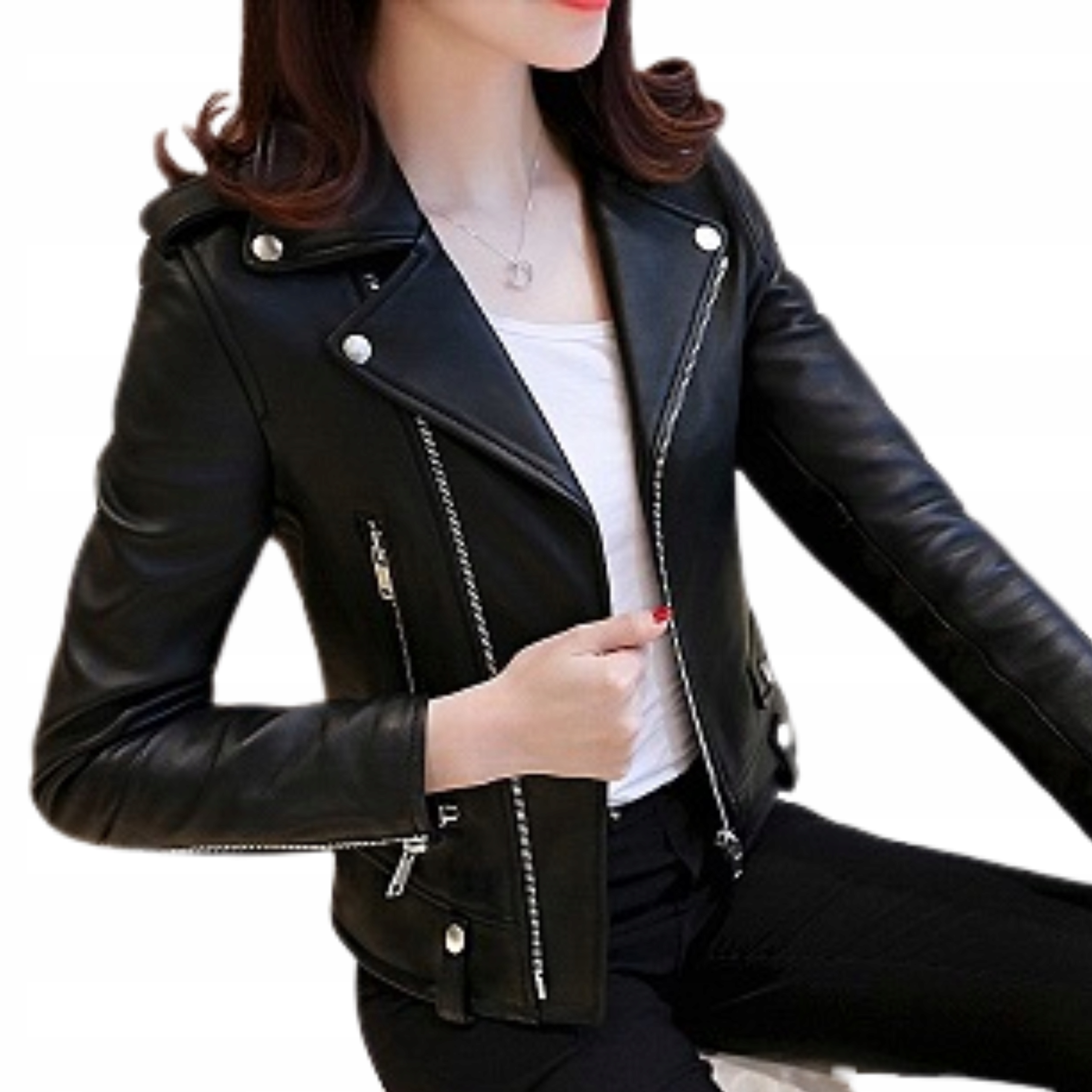 Ramoneska damska skórzana czarna kurtka typu biker z zamkami i napami