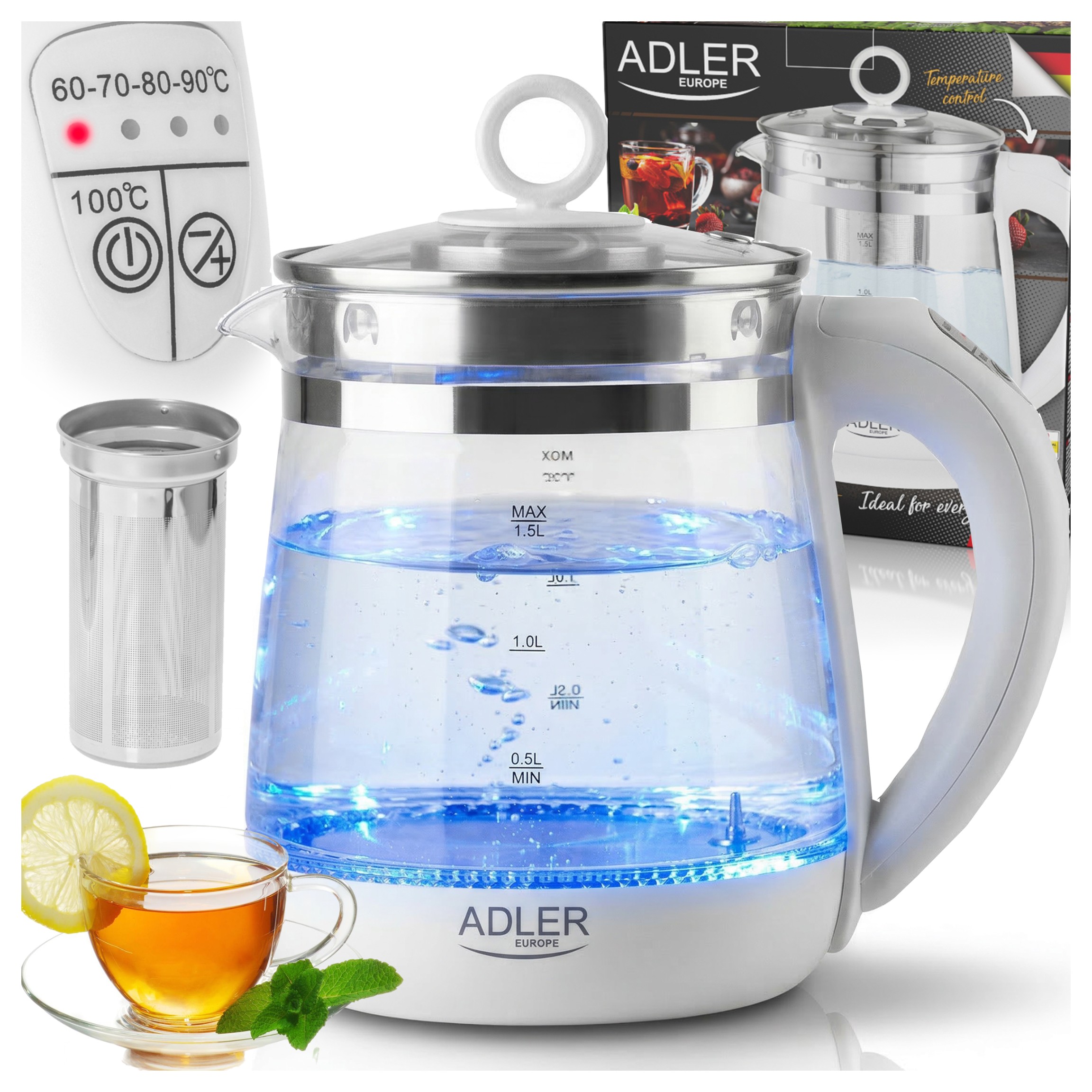 Czajnik Elektryczny Szklany Regulacja Temperatury Zaparzacz Led 1,5 L 2200W